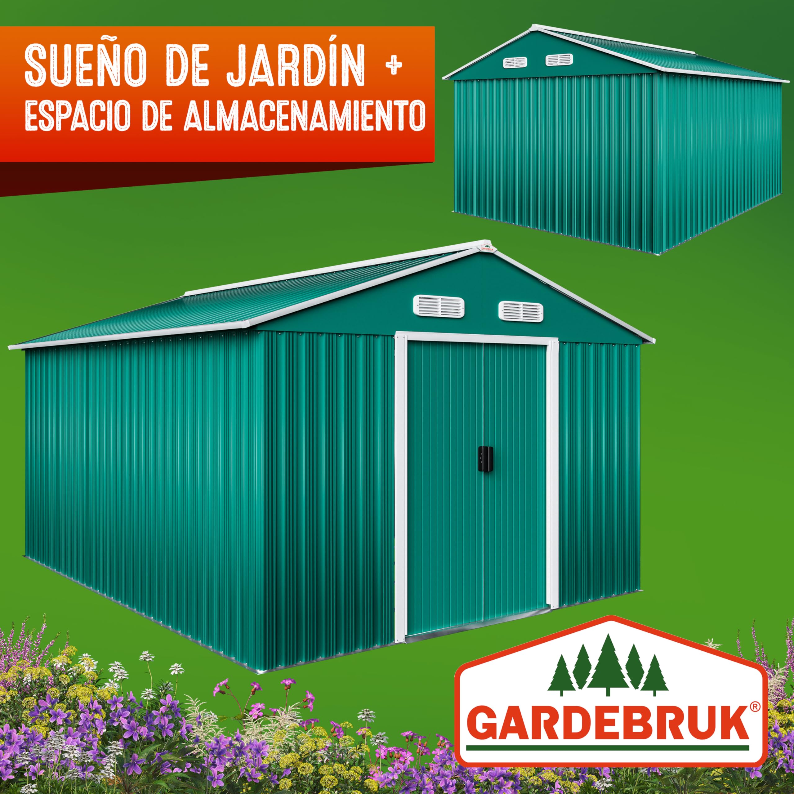 GARDEBRUK® Cobertizo de Jardín 8 m² 312x257x178 cm Caseta Metálica Exterior 15m³ con Base Puerta Corrediza Verde