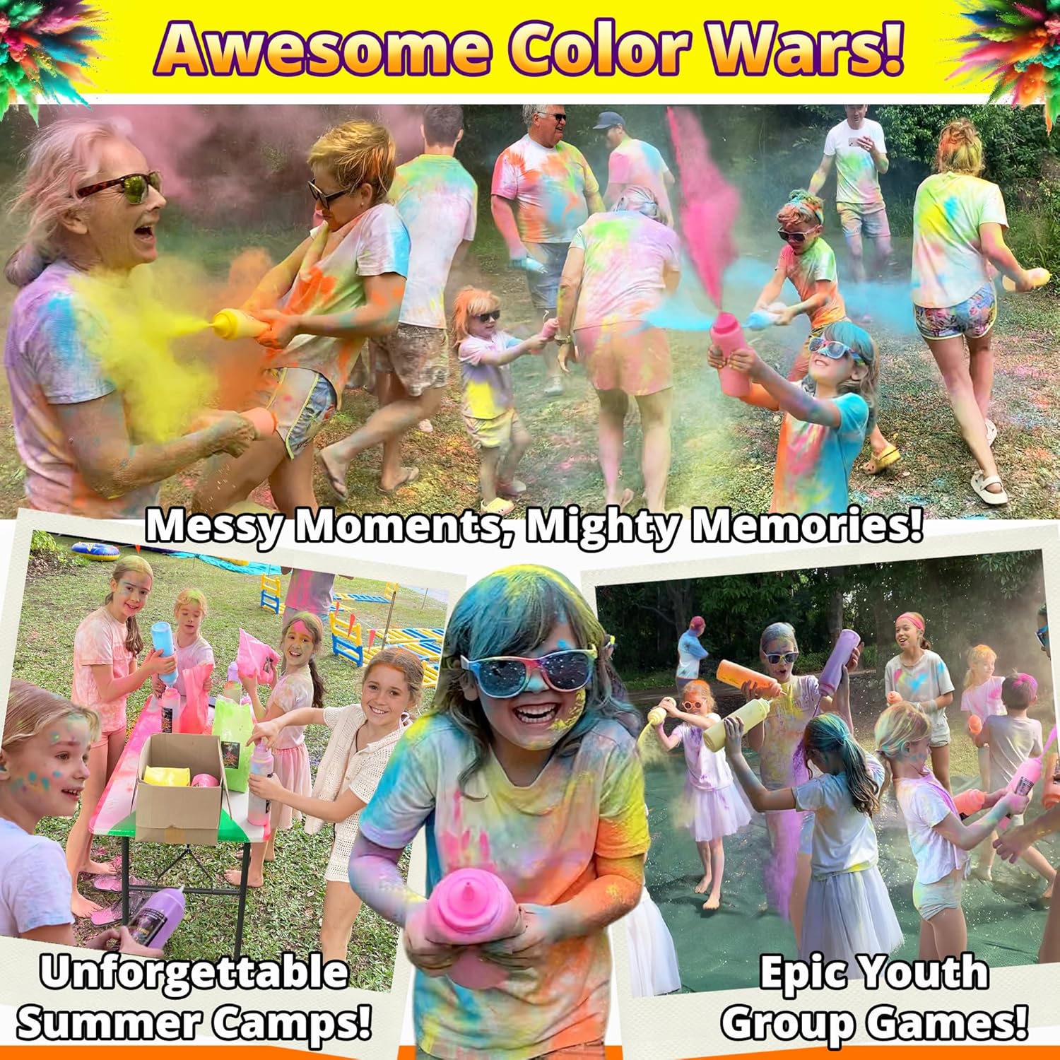 PARTY GOAT Yellow Color Run Powder Bulk - 25 lbs Non-Toxic Holi Powder for Color Wars, Fun Runs, School Spirit, Summer Camps, Yellow-Out Games & Festivals - Washable Chalk Dust (6 Easy-Pour Bags)