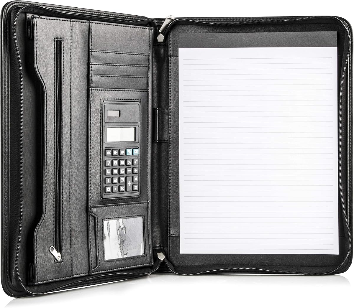 Black Superior Vegan Leather Business Portfolio with Zipper – Padfolio All-in-One. Smartest Protective 10.1 Inch Tablet Sleeve, Presentation Slot, Solar Calculator, Card Storage, Writing Pad