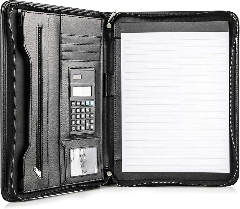 Black Superior Vegan Leather Business Portfolio with Zipper – Padfolio All-in-One. Smartest Protective 10.1 Inch Tablet Sleeve, Presentation Slot, Solar Calculator, Card Storage, Writing Pad