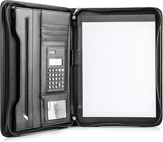Cossini Black Superior Vegan Leather Business Portfolio with Zipper – Padfolio All-in-One. Smartest Protective 10.1 Inch Tablet Sleeve, Presentation Slot, Solar Calculator, Card Storage, Writing Pad