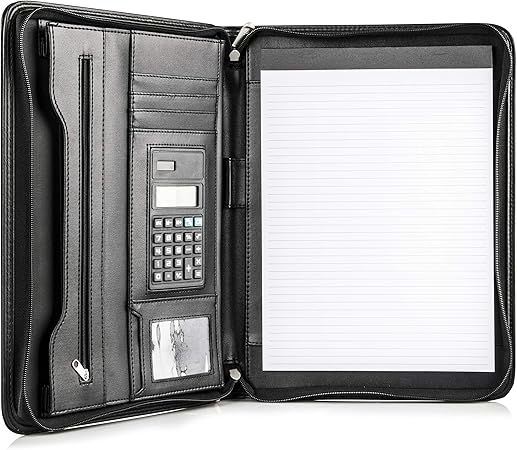 Cossini Black Superior Vegan Leather Business Portfolio with Zipper – Padfolio All-in-One. Smartest Protective 10.1 Inch Tablet Sleeve, Presentation Slot, Solar Calculator, Card Storage, Writing Pad