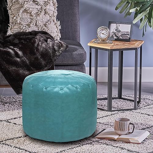 Miniatura 2 de Otomano redondo de piel sintética con estilo, solución de almacenamiento para muebles de sala de estar. Diseño inspirado en Marruecos y costuras
