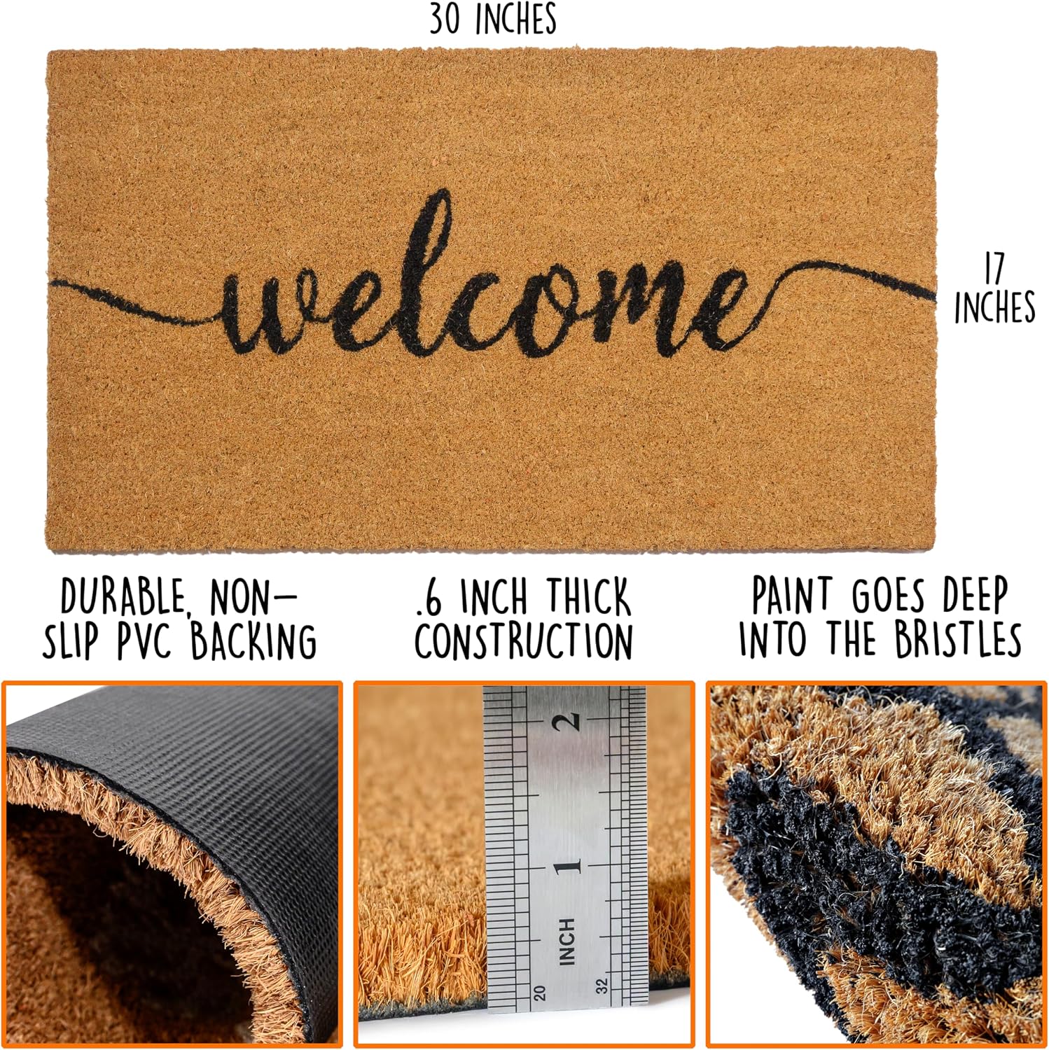 MAINEVENT Outdoor Welcome Mat 30x17 Inch Script, Welcome Doormat for Covered Outdoor Area, Coir Door Mat w/Non-Slip PVC Backing