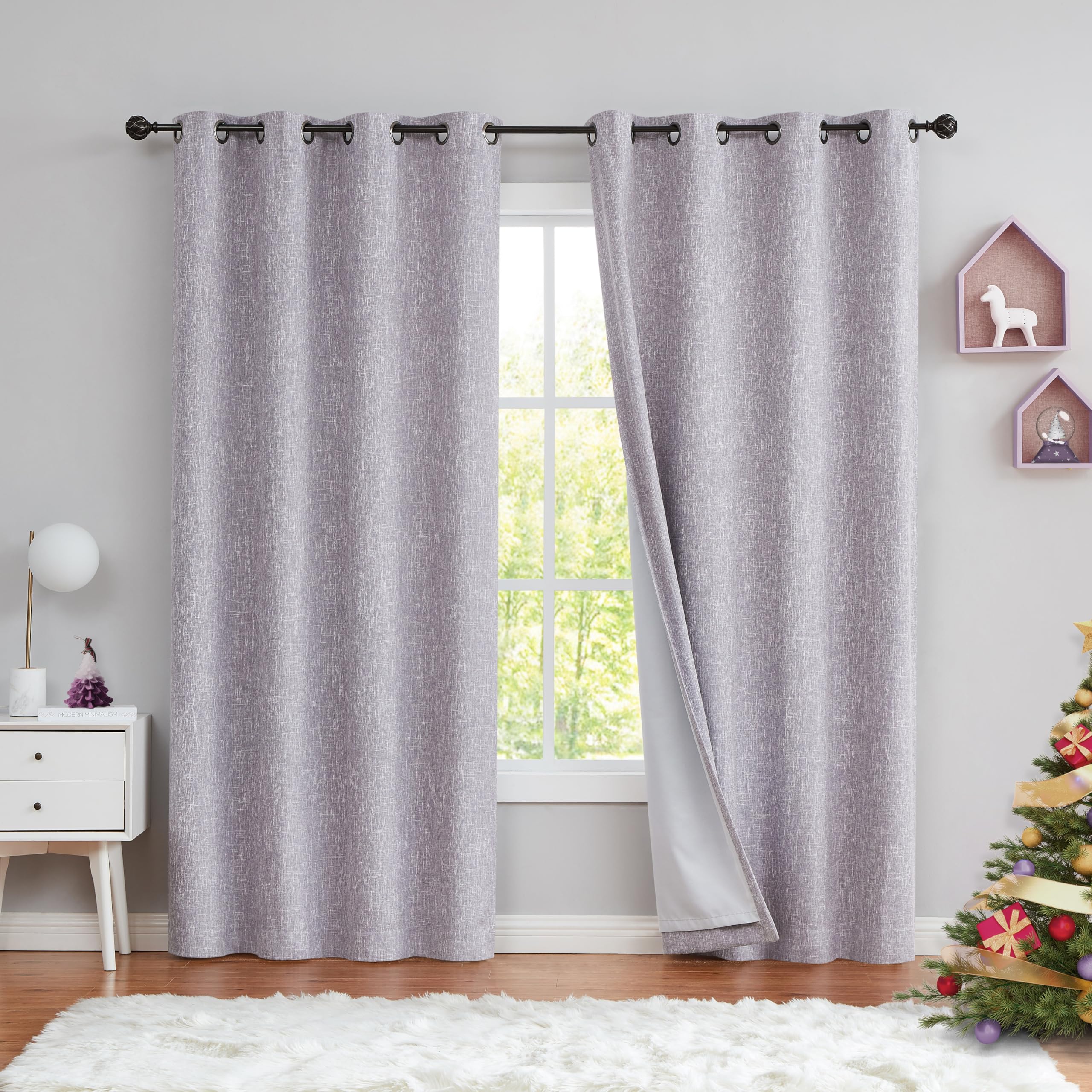 Central Park Lavender Solid Full Blackout Curtain Linen Texture Window Treatment for Bedroom Thermal Insulated Drapes 8 Grommets Top for Christmas Living Room with Liner, Liliac, 50" x 108", 2 Panels