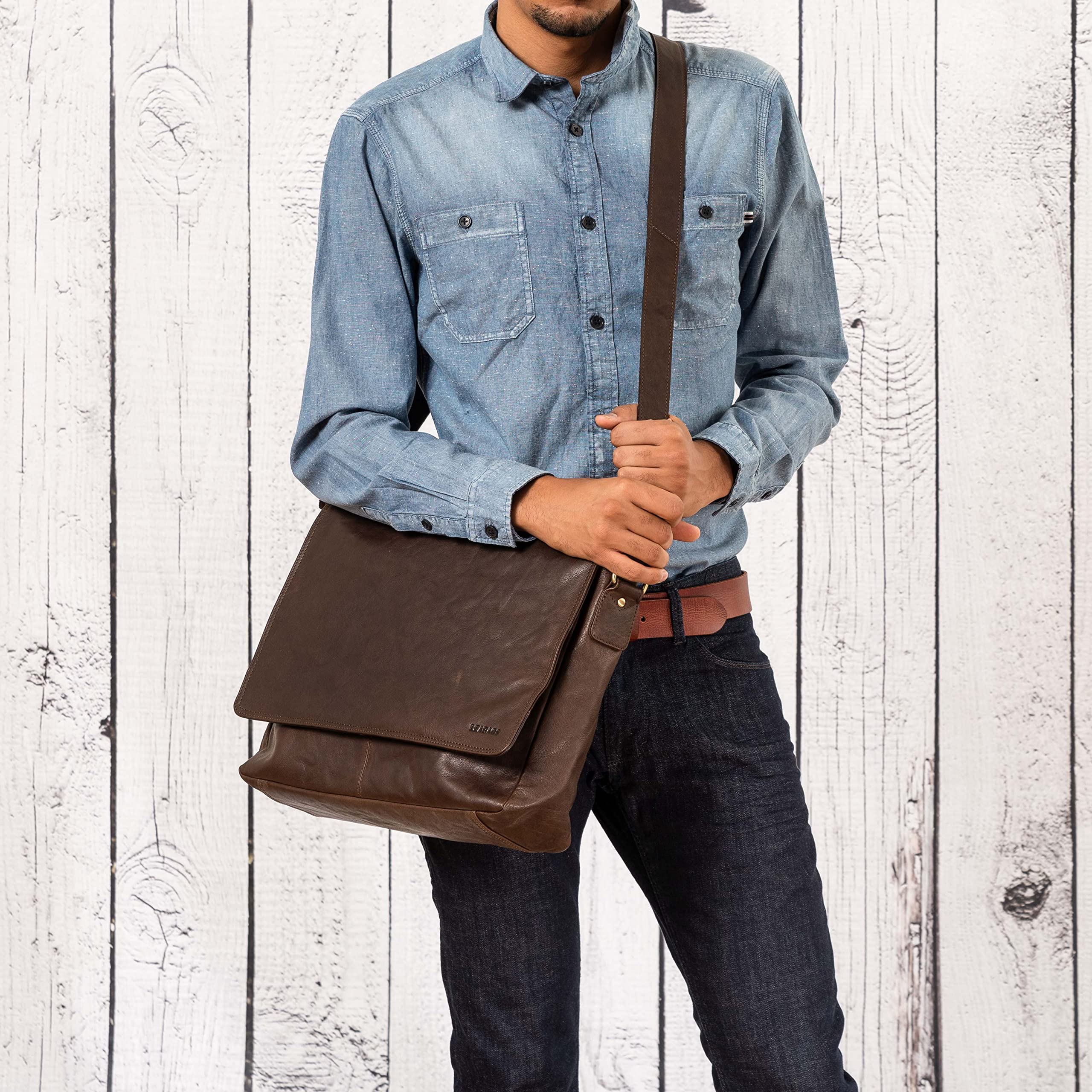 LEABAGS Bolso Bandolera para Hombres y Mujeres | Bolso Mensajero con Correa | Bolsa Cuero Genuino para Portátil 15" | Bolsa de Hombro | Bolsa de Trabajo | Bolsa de Transporte