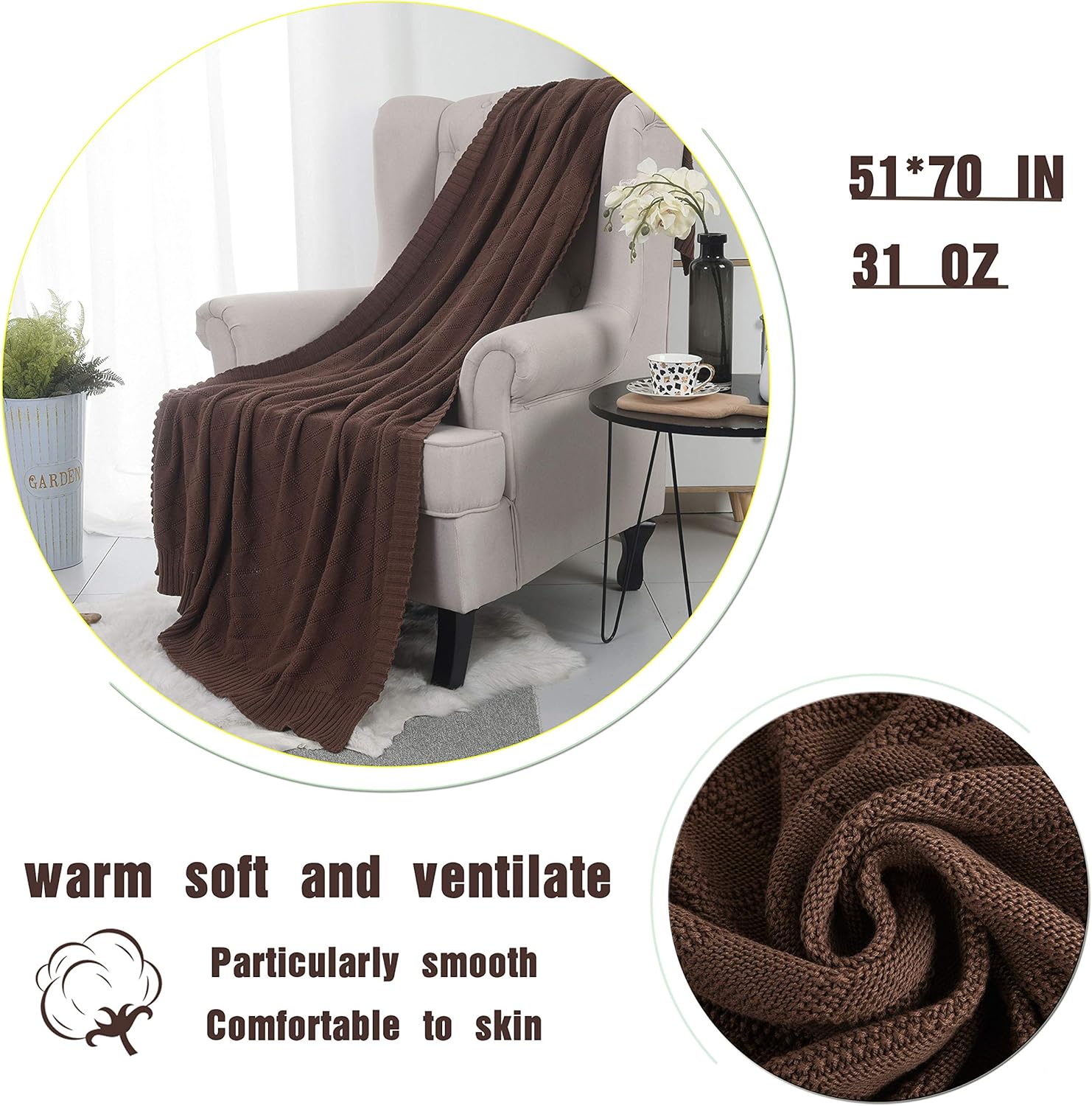 Soft Throw Blanket, Bed Knit Throw Blanket for Couch Chairs Home Decorative 51x70in,Brown