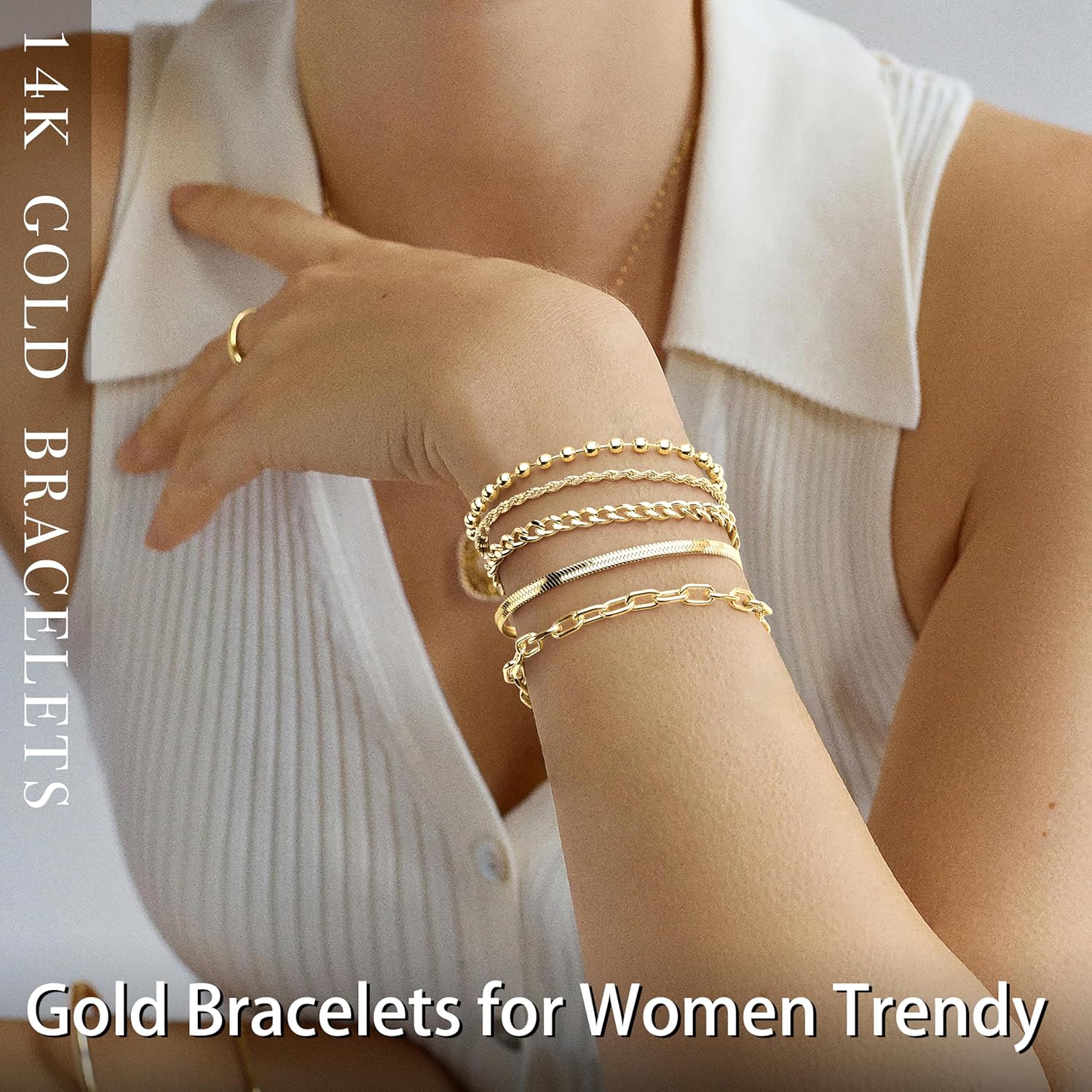 Gold Bracelets Set for Women Stack, Dainty Thick Bracelets Stack for Women Trendy, Simple Thin Gold Plated Cuff Stackable Bracelets With Beaded Cuban Paperclip Snake Rope Bangle Hand Chain Jewelry Gifts for Women Non Tainish - Image 3