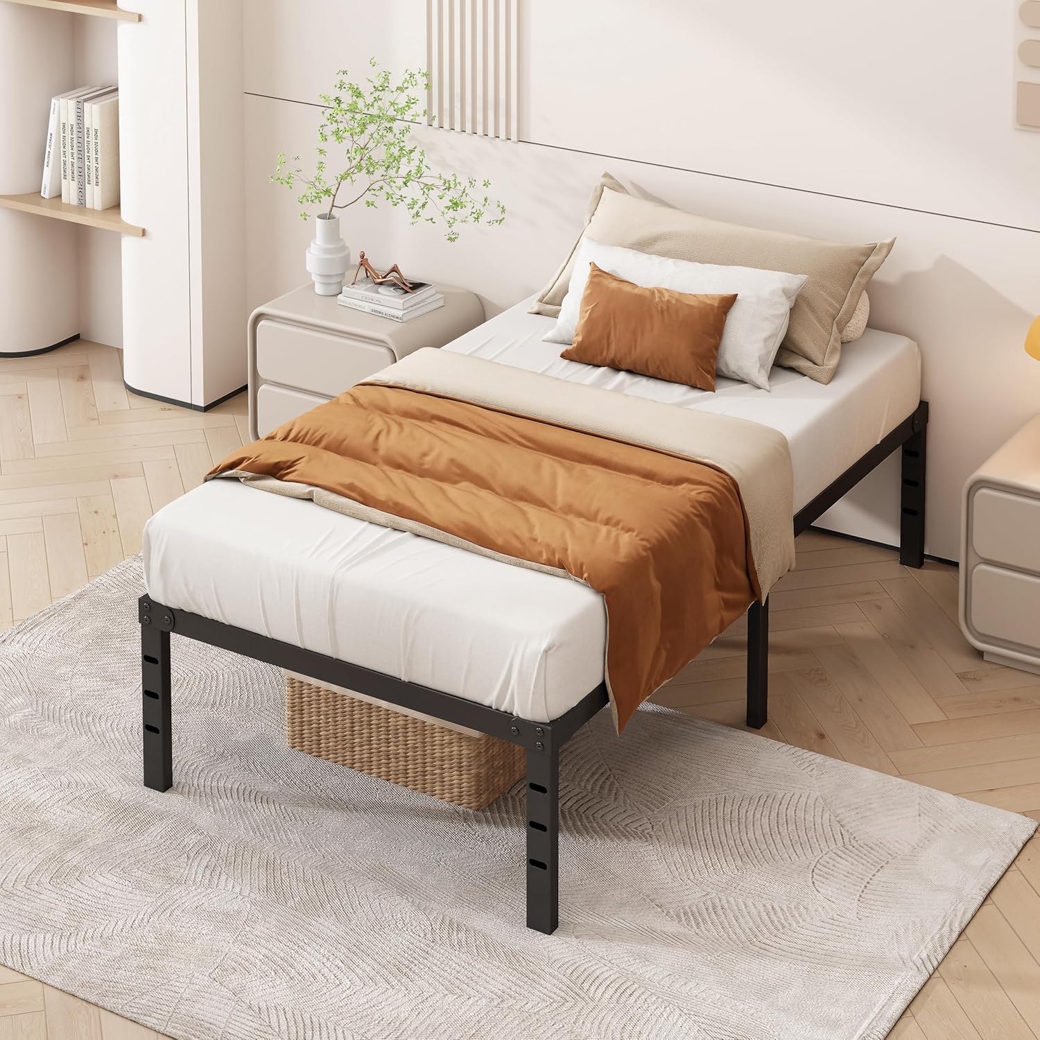 Twin Size Metal Bed Frame, 18 Inch, No Box Spring Needed, Storage Space, Heavy Duty, Non-Slip, Easy Assembly, Durable