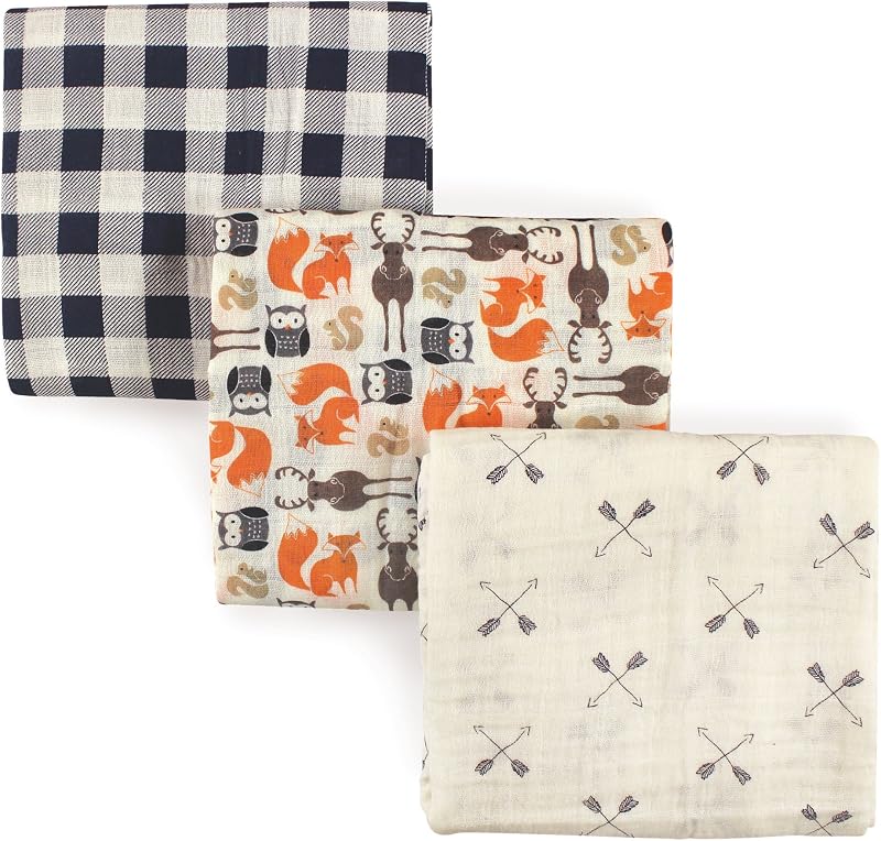 Hudson Baby Unisex Baby Cotton Muslin Swaddle Blankets, Forest, 3-Pack