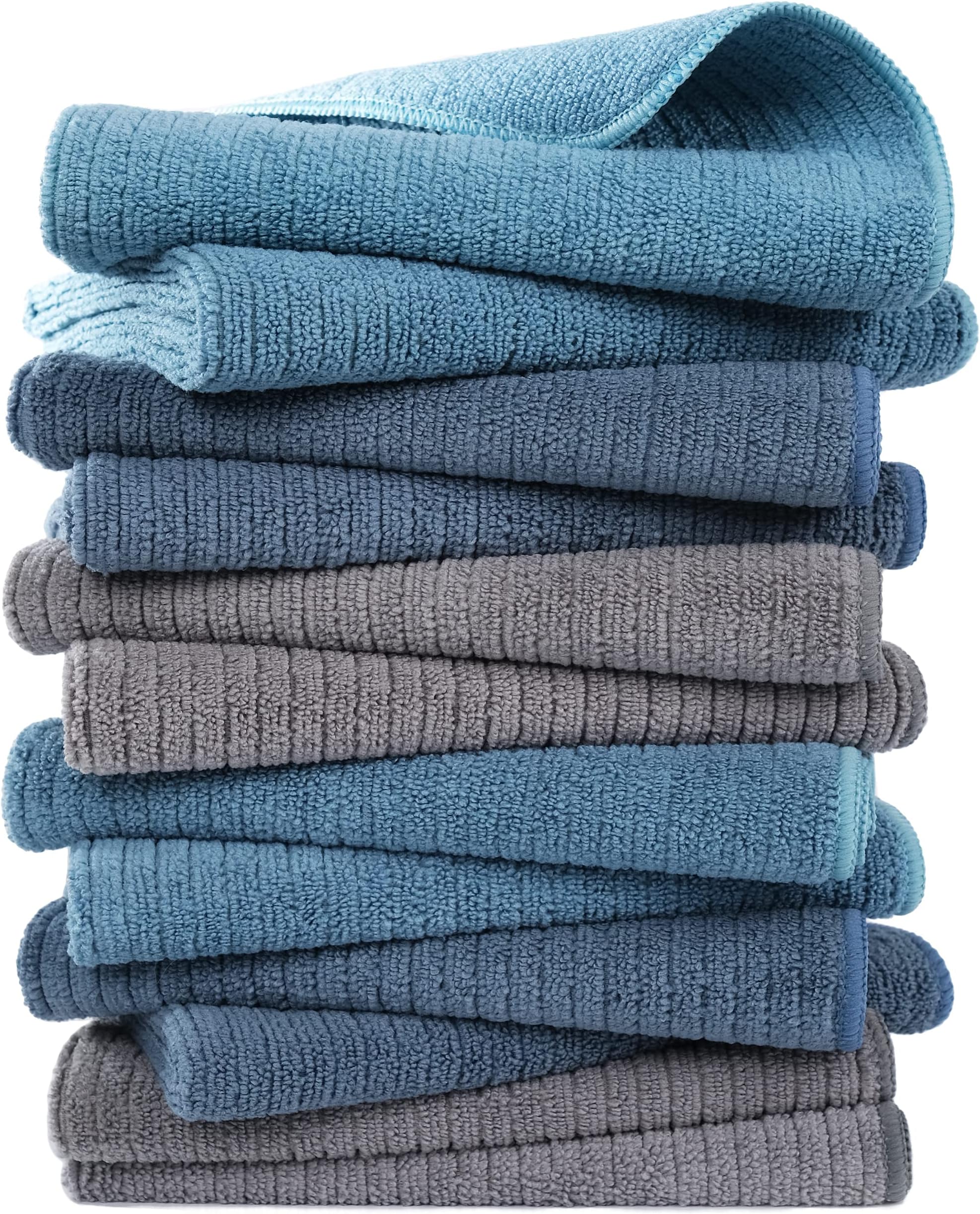 POLYTE Premium Microfiber All-Purpose Ribbed Terry Kitchen Towel, 12 Pack (Blue, Gray, Teal, 16x28 in)