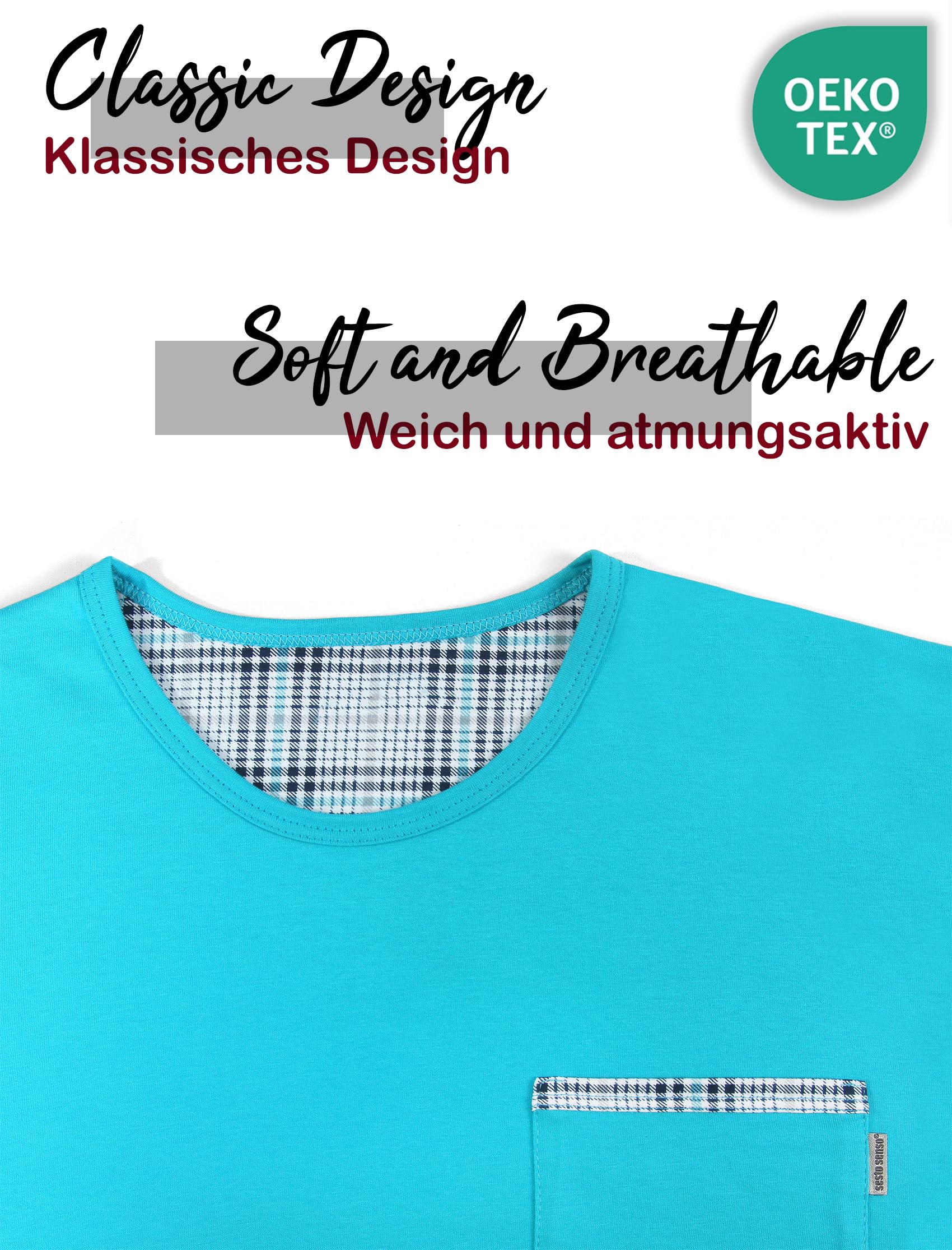 sesto senso Herren Schlafanzug Lang Baumwolle Pyjama Langarm Shirt Pyjamahose mit Tasche