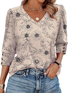 Womens 3/4 Sleeve Tops with Buttons V-Neck Summer Outfits Casual Blouses Shirts Beach Vacation Fall Clothes 2025
