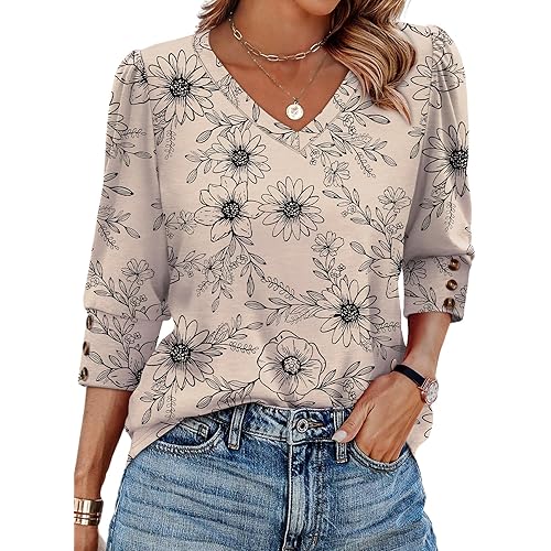 XIEERDUO Womens 3/4 Sleeve Tops with Buttons V-Neck Summer Outfits Casual Blouses Shirts Beach Vacation Fall Clothes 2026
