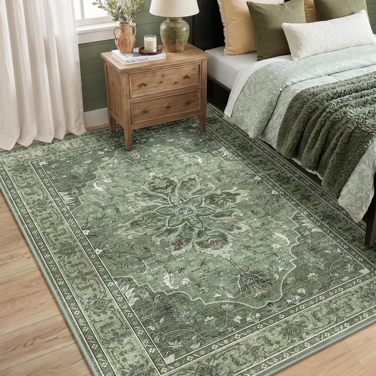 Condition photo showing As Is for releany area rugs 5'x7' washable non-slip, floral vintage distress medallion carpet for living room bedroom dining room, dark green gray green/dark green/gray 5' x 7' (rectangular)