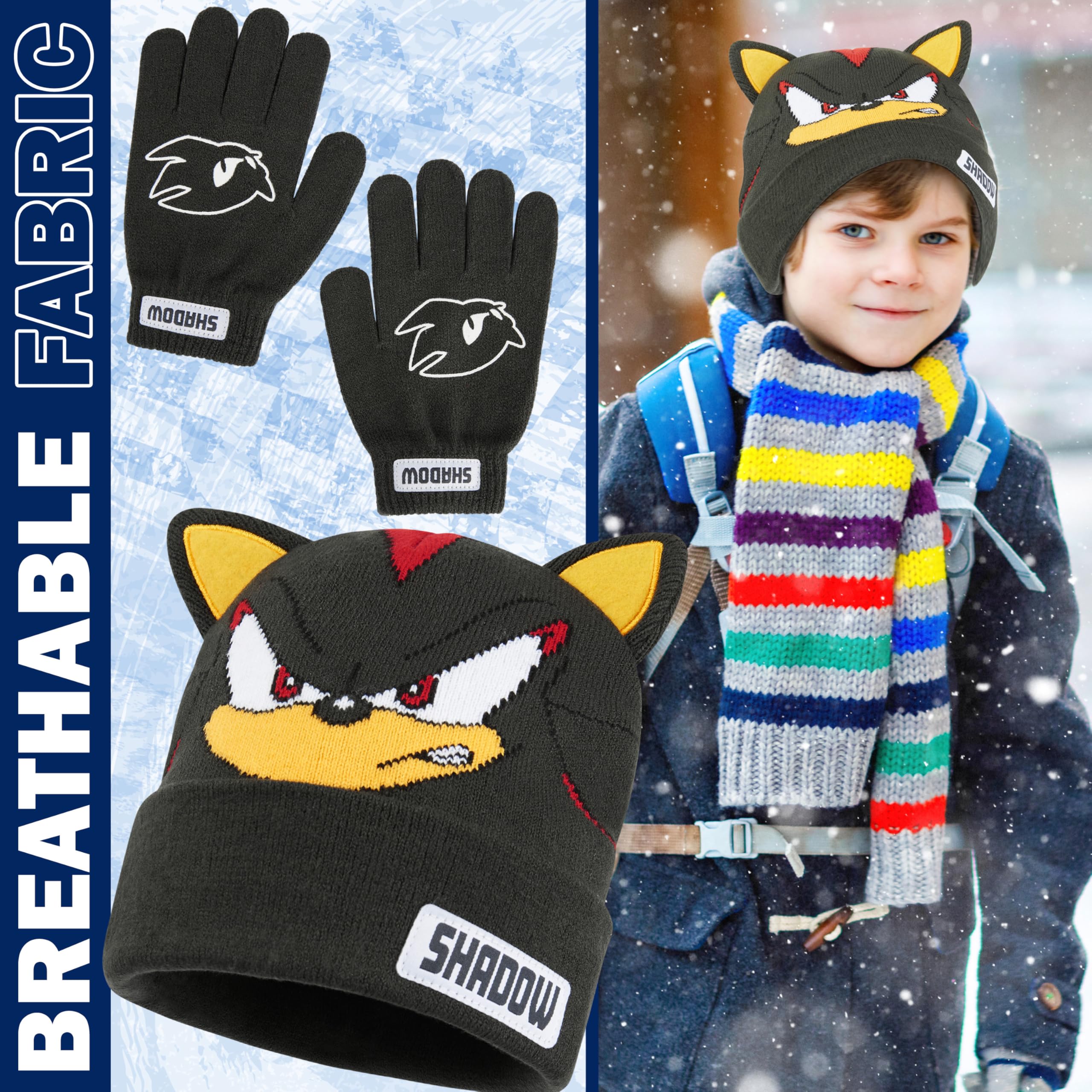 SONIC THE HEDGEHOG Czapka beanie i zimowe rękawiczki zestaw dla chłopców w wieku 4-12 lat, ciepłe, przytulne dzianinowe akcesoria zimowe, prezenty dla chłopców