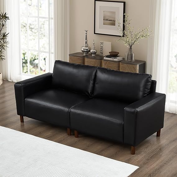 GDFStudio 79 Big Loveseat Sofa, Mid-Century Modern Faux Leather PU 2 Seat Sofas & Couch, Upholstered Deep Seat Sofa with Solid Wood Legs, Breathable Armrest Accent Sofa for Living Room Bedroom, Black