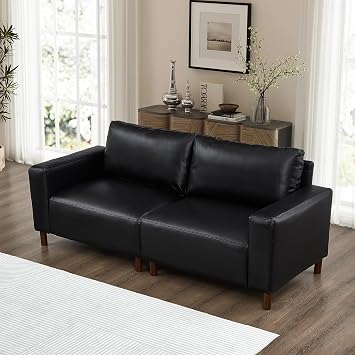 GDFStudio 79 Big Loveseat Sofa, Mid-Century Modern Faux Leather PU 2 Seat Sofas & Couch, Upholstered Deep Seat Sofa with Solid Wood Legs, Breathable Armrest Accent Sofa for Living Room Bedroom, Black