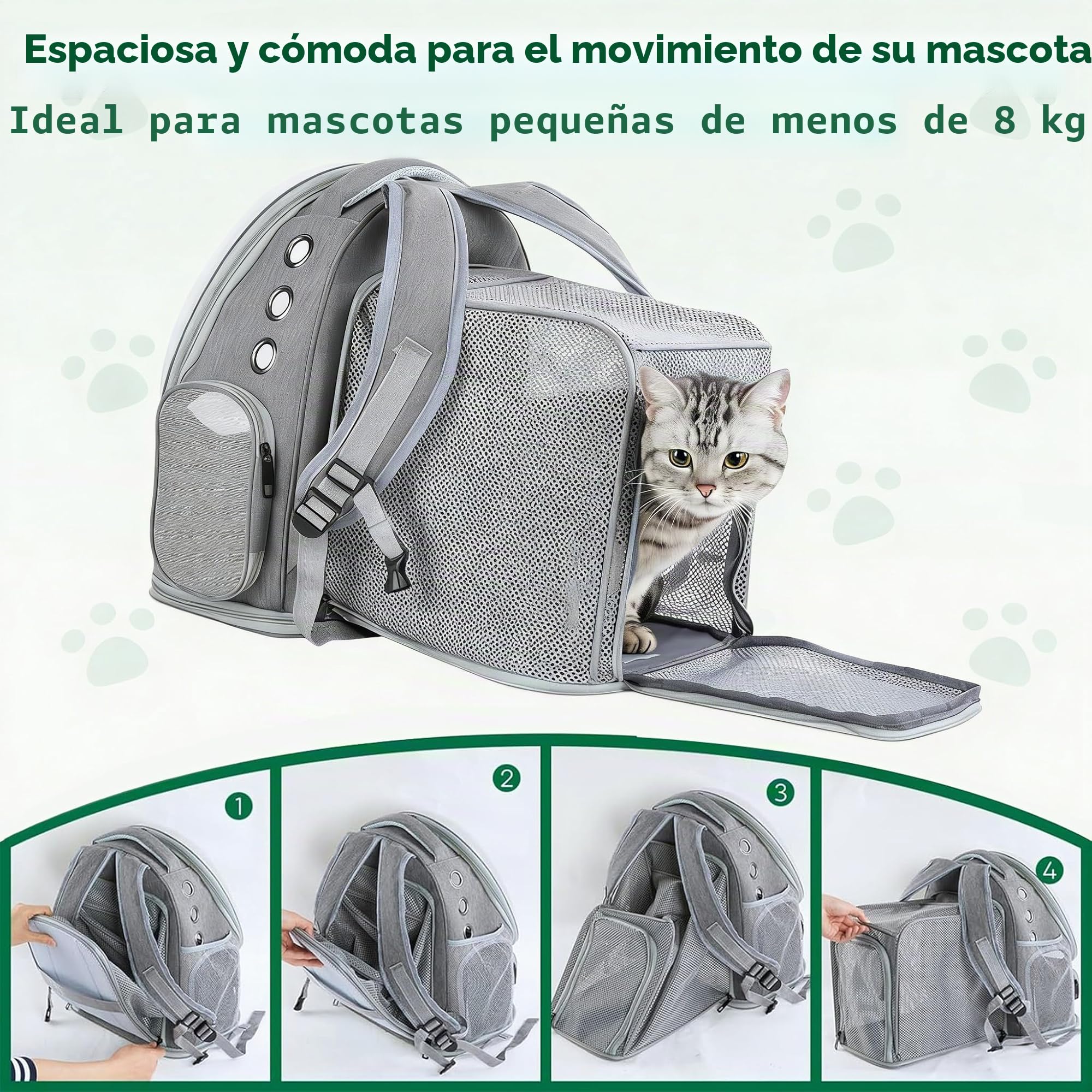 Transportin Mochila Gato Transparente Extensible, Mochila para Gatos Transporte Burbuja, Mochila Mascota Gato y Perros Pequeños Medianos hasta 8kg, Transpirable Plegable para Viajes Coche Gris