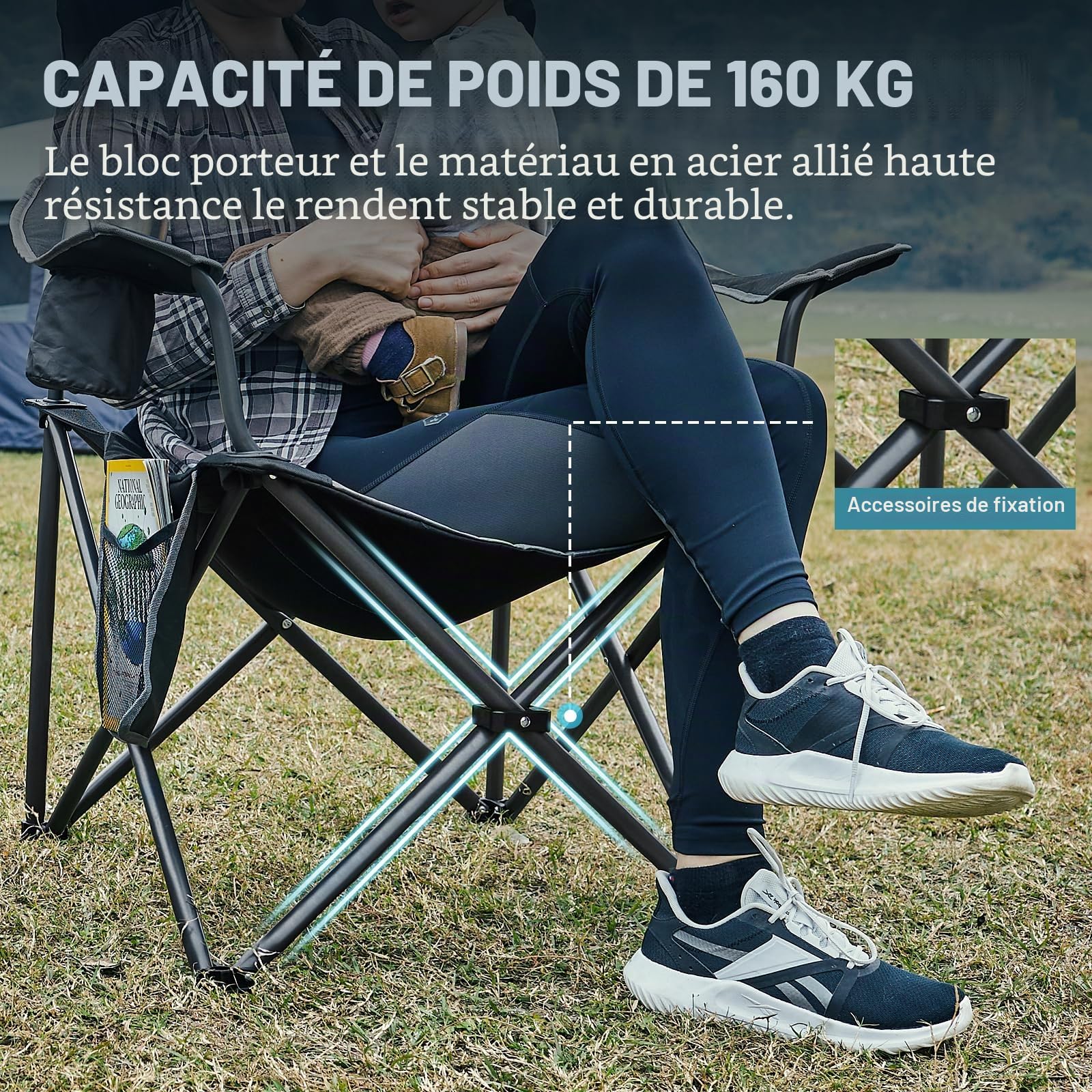 EVER ADVANCED Chaise de Camping Pliante 160KG Capacité de Charge avec Dossier Haut, avec Pochette Latérale et Porte-gobelet, Confortable Chaise Pliante pour Camping, Jardin, Balcon, Pêche, Plage
