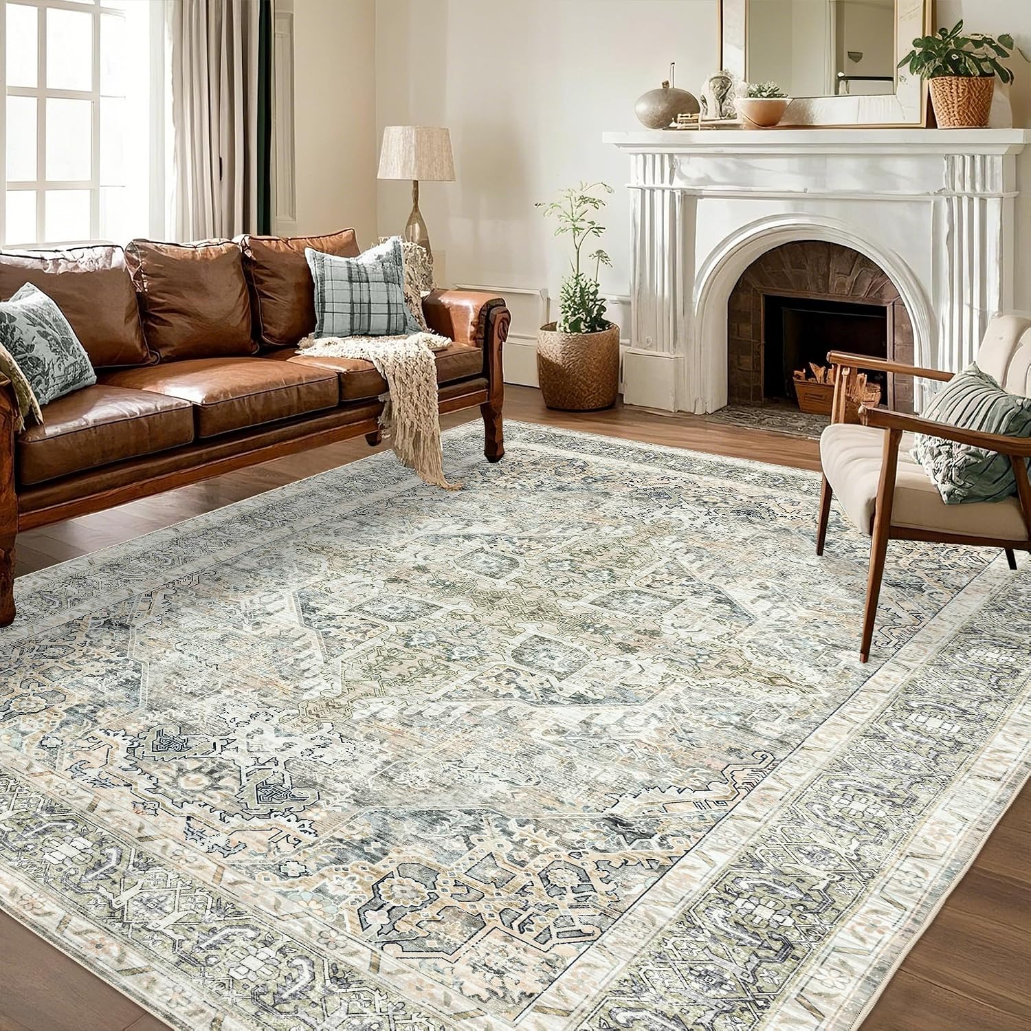 10x14 Area Rugs Washable: Boho Vintage Soft Area Rug for Living Room Bedroom No Shedding - Oriental Low Pile Thin Carpet Rug for Dining Room Home Decor Non Slip - Antique Sage Beige
