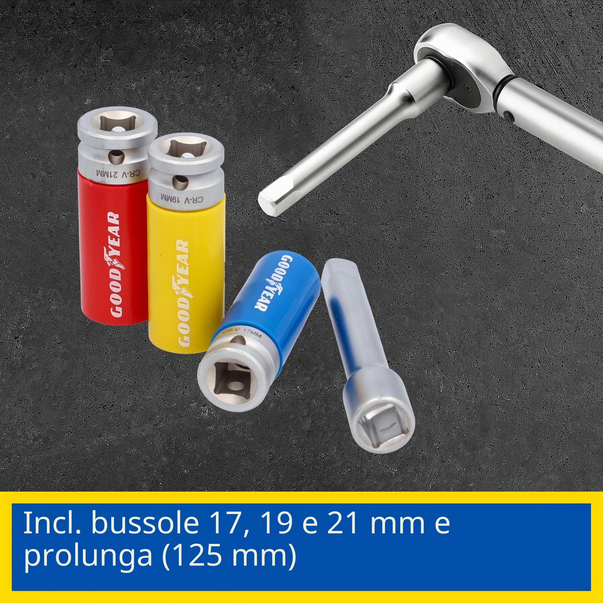 Goodyear Set di 6 chiavi dinamometriche + cricchetto reversibile + set di 3 chiavi a bussola + prolunga, scatola nera
