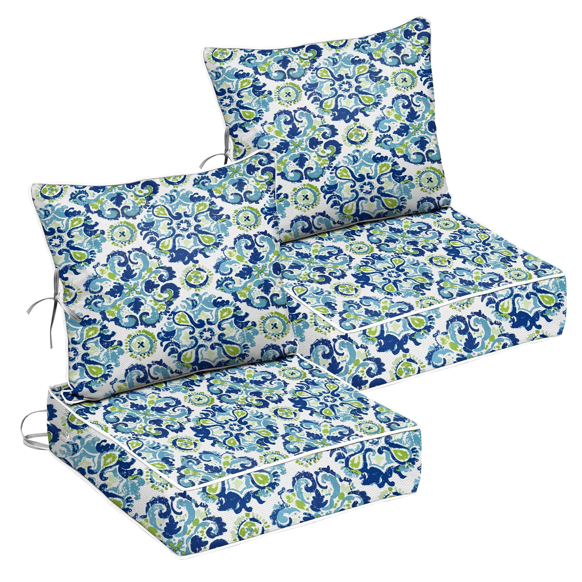 24x24 Outdoor Chair Cushions Set of 2, Waterproof Deep Seat Cushions for Patio Furniture with Removable Cover, Fade Resistant 4'' Outdoor Seat Cushion with Ties Handle for Wicker Sofa Couch, A16