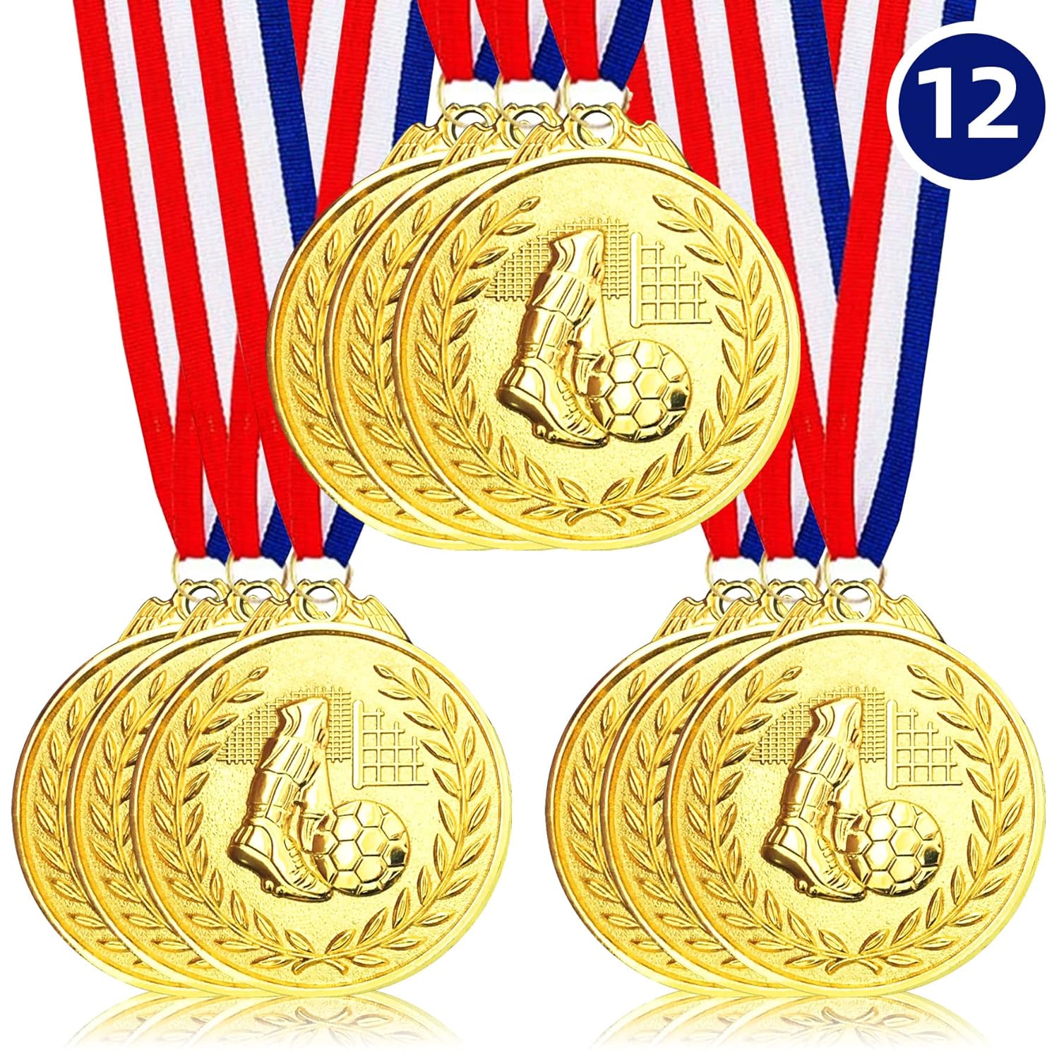 sunioine 12 Pack Metal Soccer Medals for Kids, 2 Inches Gold Award