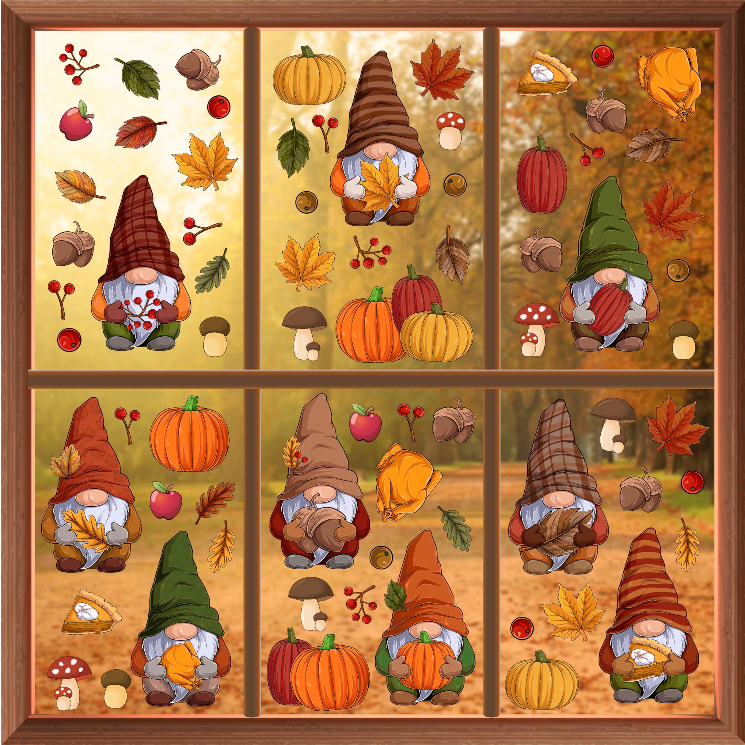 WALPLUS Thanksgiving Autumn Fall Window Clings for Glass Windows Stickers Fall Leaves Seasonal Decorations for Kids Fall Window Decor and Clearance Thanksgiving Gnomes
