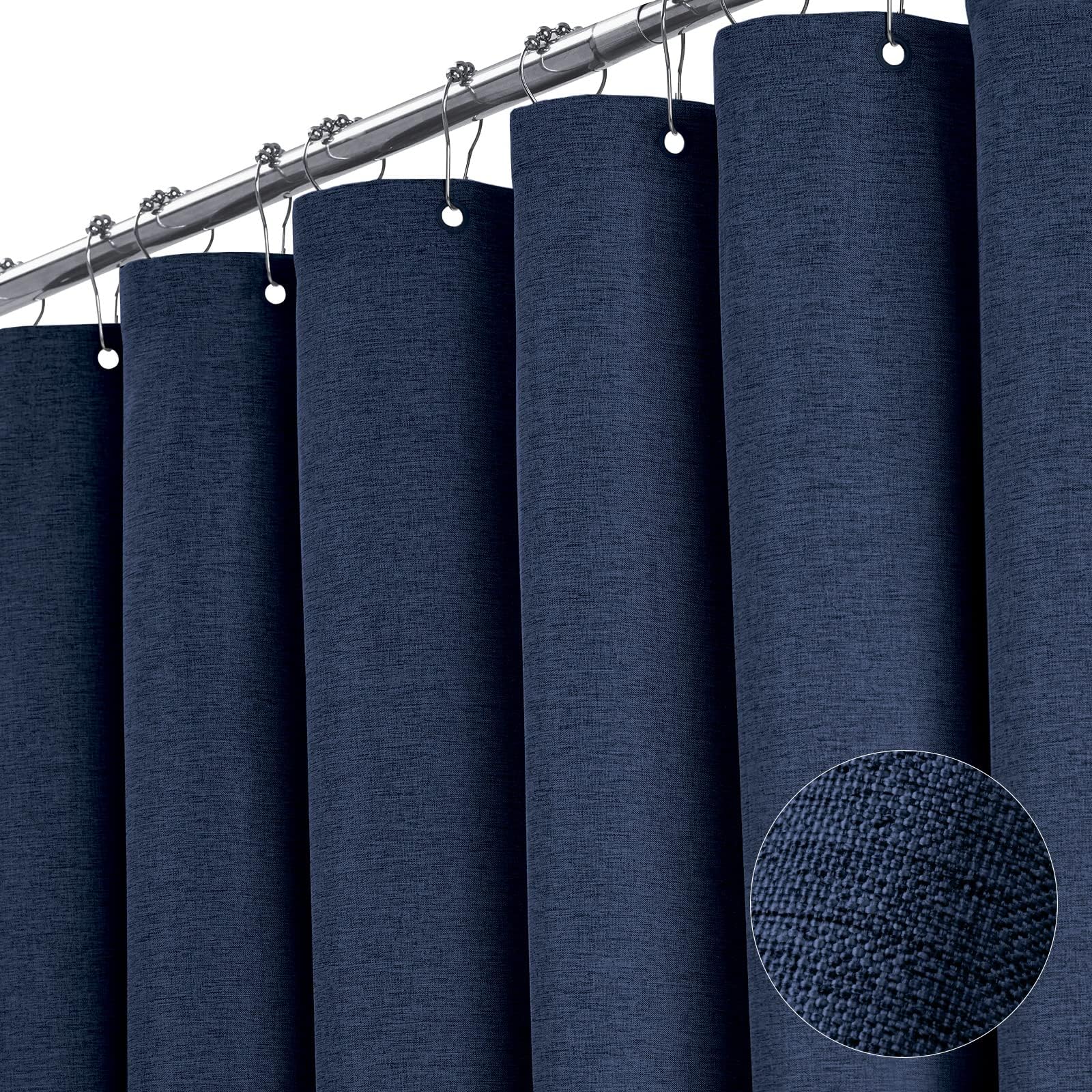 BTTN 182 x 200cm Drop Long Shower Curtain, Mould Proof Resistant Heavy Duty Fabric Luxury Shower Curtains, Durable and Washable, Waterproof Weighted Cloth for Wet Room with 12 Plastic Hooks, Navy Blue — image 1