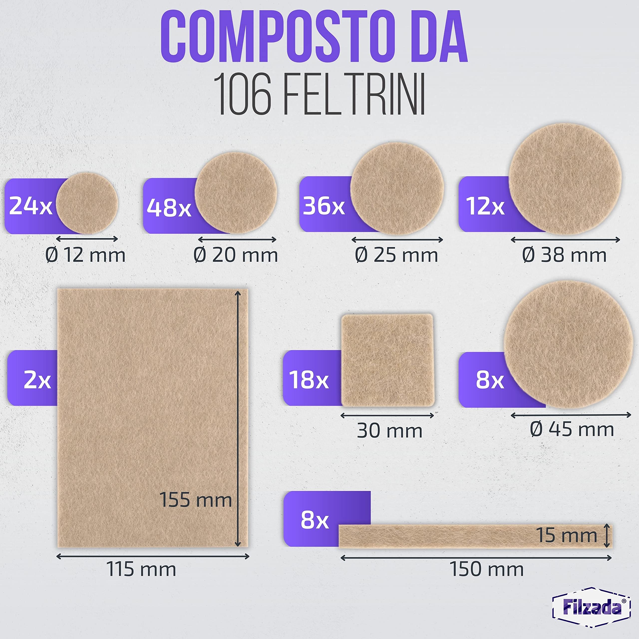 Filzada® Feltrini autoadesivi 156 pezzi (quadrati e rotondi) - Beige - Feltro per mobili professionali con forza adesiva ideale