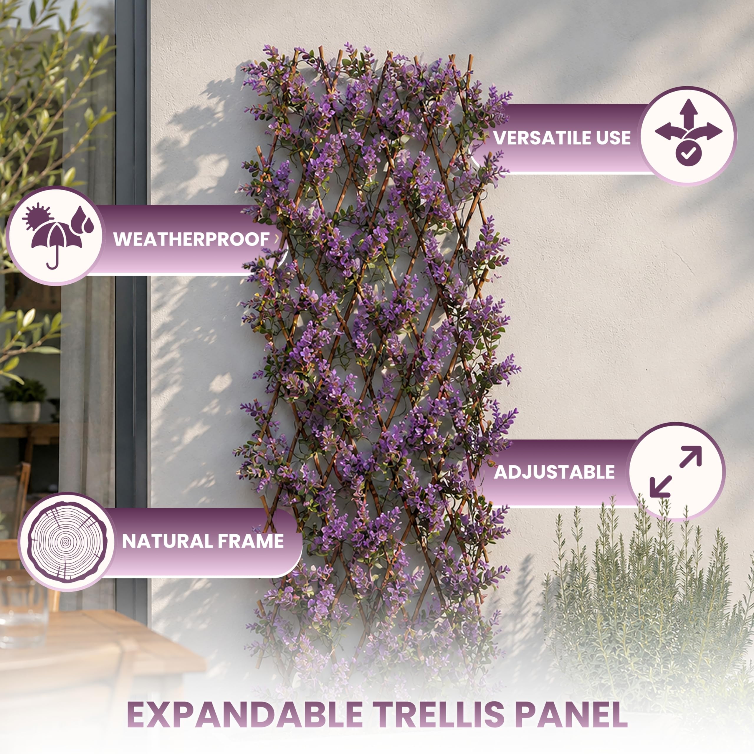 Garden Mile Treillis de fleurs violettes artificielles extensibles de 180 x 60 cm avec fausses feuilles pour jardin, clôture, panneau mural décoratif, balcon, terrasse
