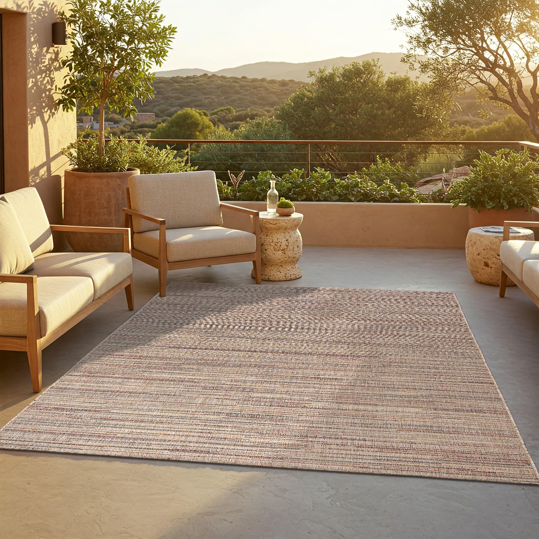 TAPISO Yucana Tapis Robuste Résistant aux Rayons UV Imperméable Tapis pour Intérieur et Extérieur Balcon Terrasse Jardin Marron Beige Boho Ethnique à Rayures Mélangé Moderne 200 x 300 cm