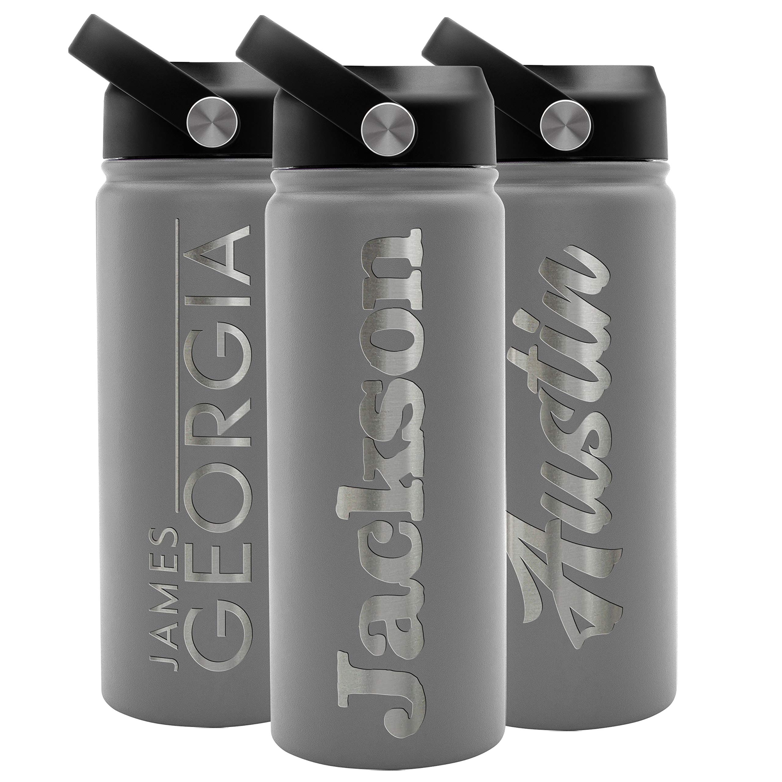 Personalized Water Bottle w Straw Lid Double Wall Insulated | 18 oz - 12 Font - Gray | 9 Color Custom Water Bottle w Name and Text, BPA Free - Non