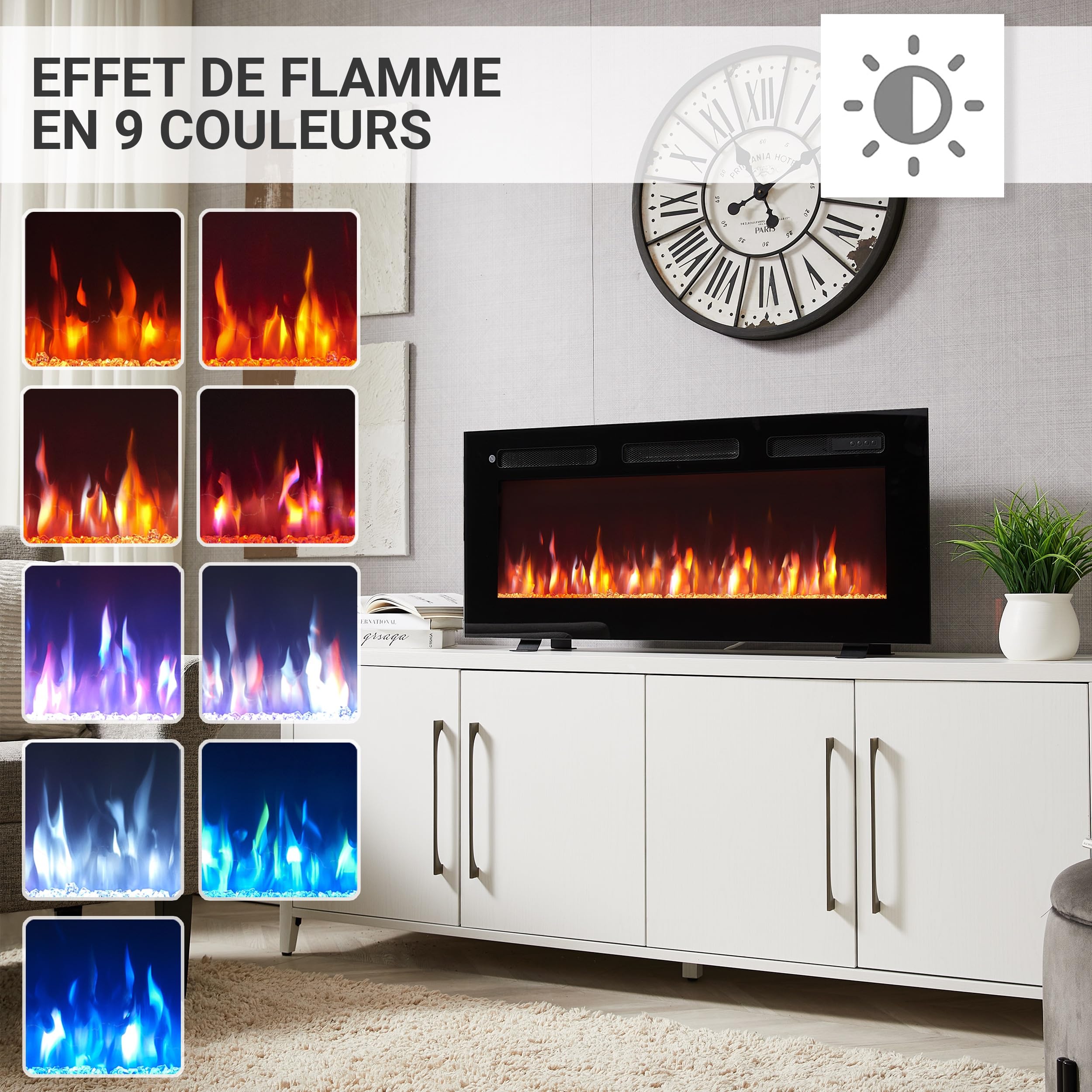 BALDERIA cheminée électrique Leif 40" | Foyer électrique Mural avec Effet de Flammes 3D | Chauffage 2000W, éclairage LED | Cheminée encastrable avec télécommande, minuteur & Thermostat | Noir