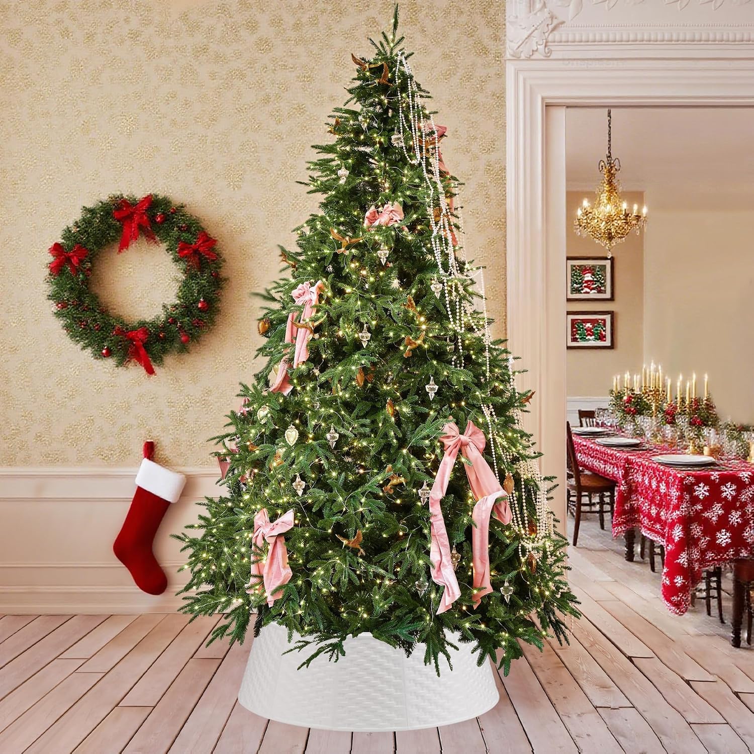 White Christmas Tree Collar 28 inch Round Christmas Tree Skirt Ring Base Stand Durable Plastic Cover Christmas Tree Decorations for Xmas Artificial Tree(Simple,Large)