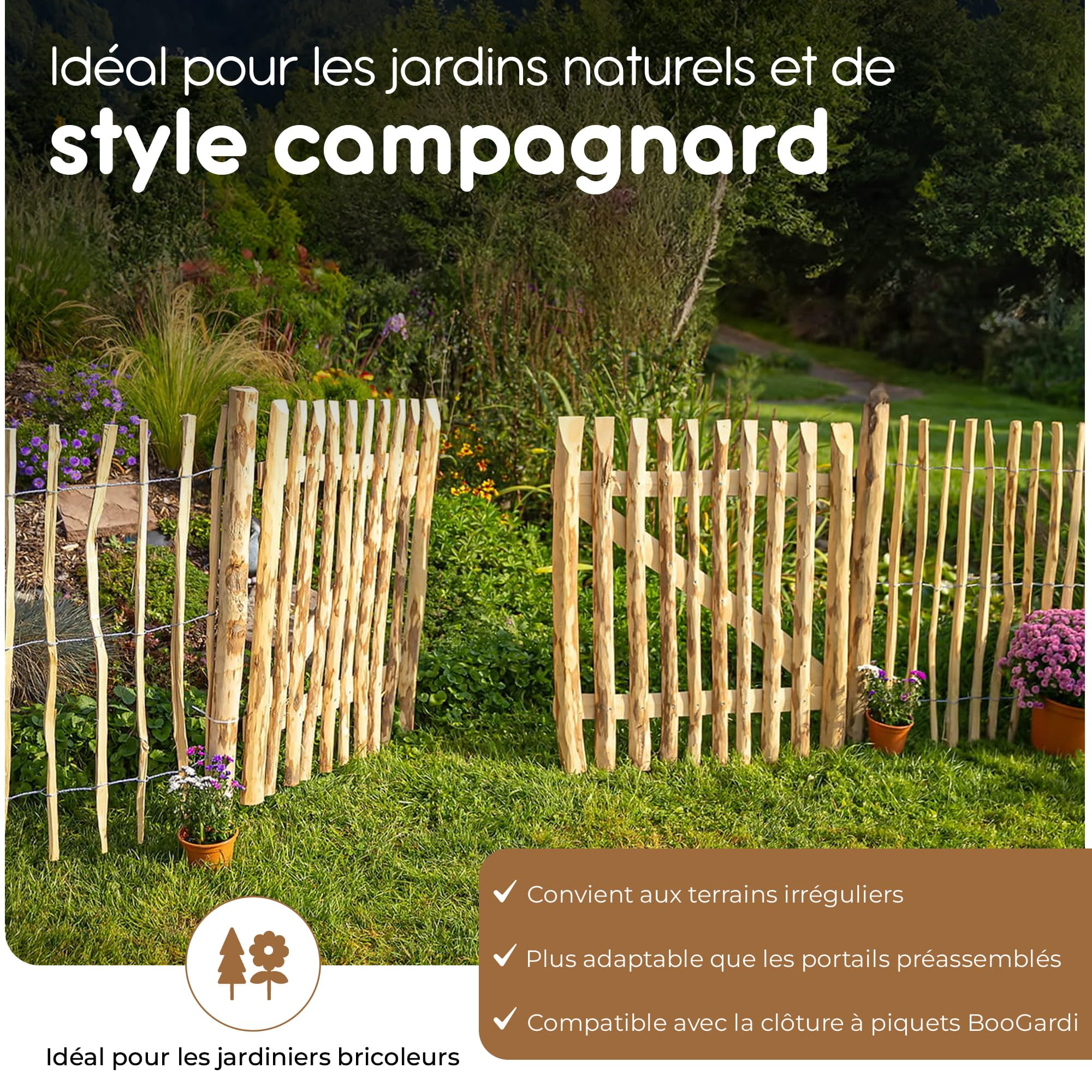 BOOGARDI Portillon de jardin en bois DIY, portail ganivelle en 168 dimensions, 1 vantail ou 2 vantaux, largeur 300 cm x hauteur 120 cm, espacement 7-9 cm