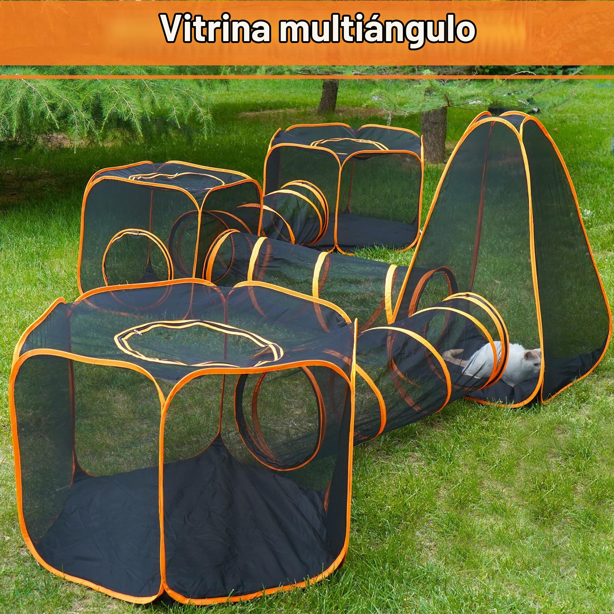 Recinto plegable para gatos, corralito portátil para gatos al aire libre con tienda de campaña de malla y tres túneles (7 en 1)