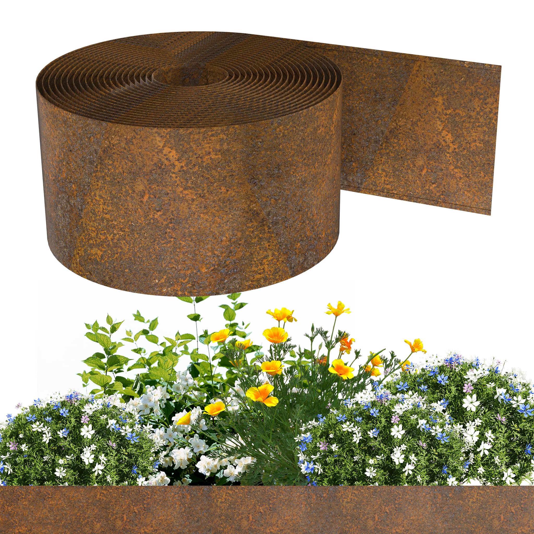 YRHome Krawędź trawnika ze stali Cortena, 14 cm wysokości, obramowanie rabatki z efektem rdzy, elastyczne obramowanie rabatki, metal rdzawy, obrzeże trawnika, metalowe, odporne na warunki