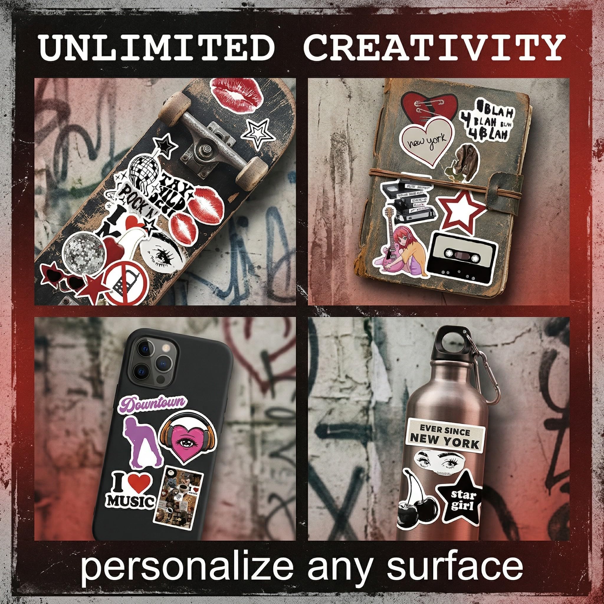 100 Pezzi Stickers Aesthetic, Adesivi Scrapbooking, Adesivi Vintage Y2K, Adesivi Vinile Impermeabili, per Scrapbooking Laptop Bottiglia Skateboard Chitarra Journal Valigia Scooter
