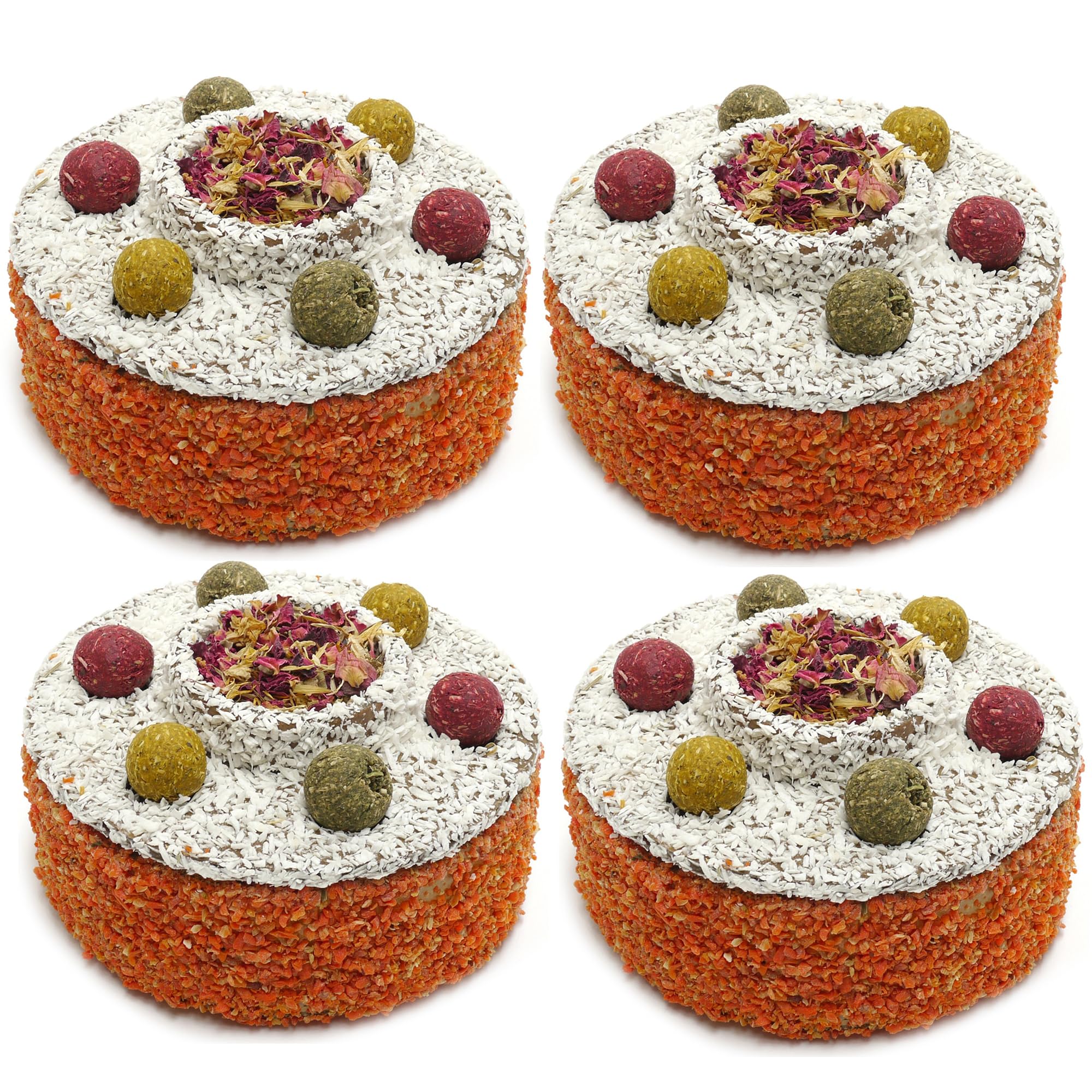 Rosewood Naturals: torta celebrativa – Confezione da 4 – 3 x 5 dessert di carota, snack di compleanno per piccoli animali, mix di erbe nascoste sotto il coperchio, ricompensa per conigli e animali