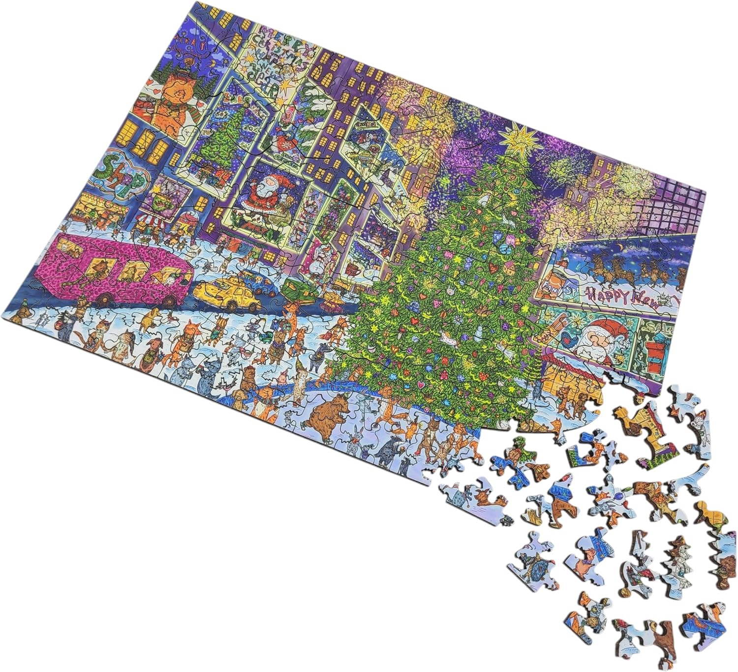 Large Format Wooden Puzzle for Adults and Seniors - Large Pieces Puzzle - Uniquely Shaped Pieces - Made in The USA by FoxSmartBox - 220 Pieces - New York Holiday Lights