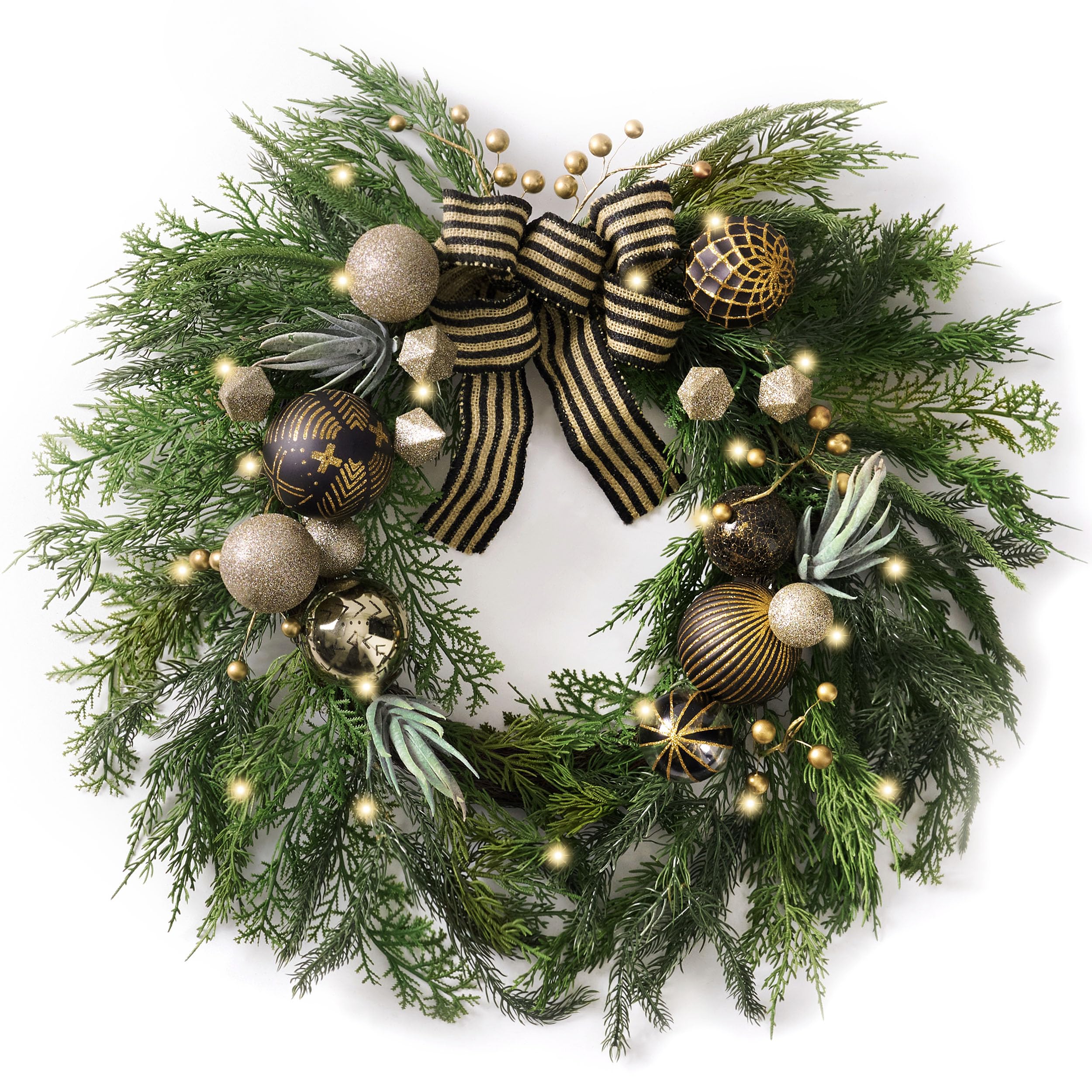 Decorbyhannah Collapsible Christmas Wreath, 24 inch Prelit Norfolk Pine Wreaths for Front Door with Ornaments, Aritificial Greenery Christmas Wreath Decorations with Lights (Boho Black & Bronze)