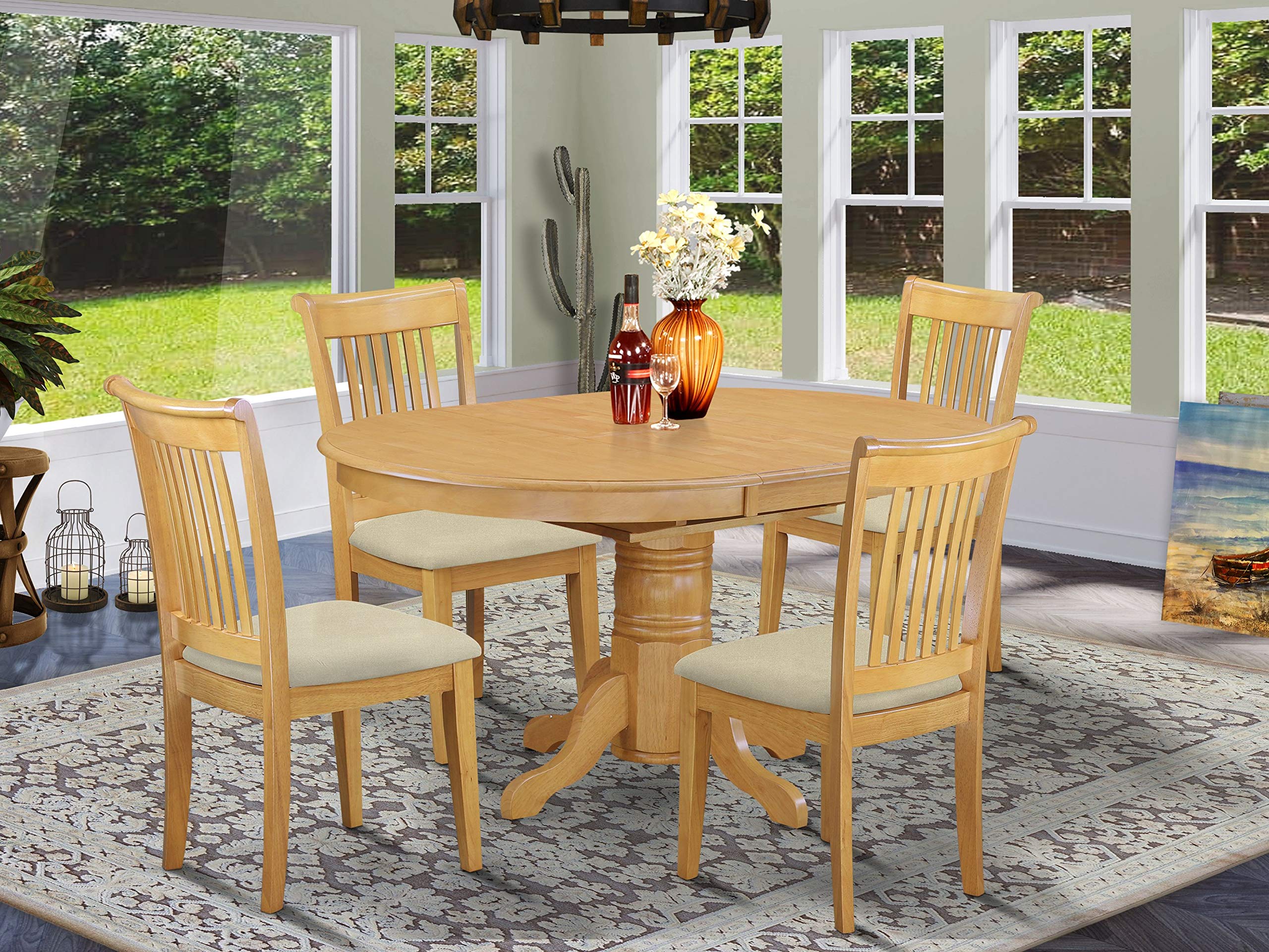 East West Furniture AVPO5-OAK-C 5 Piece Kitchen Table Set for 4 Includes an Oval Dining Room Table with Butterfly Leaf and 4 Linen Fabric Upholstered Chairs, 42x60 Inch, Oak
