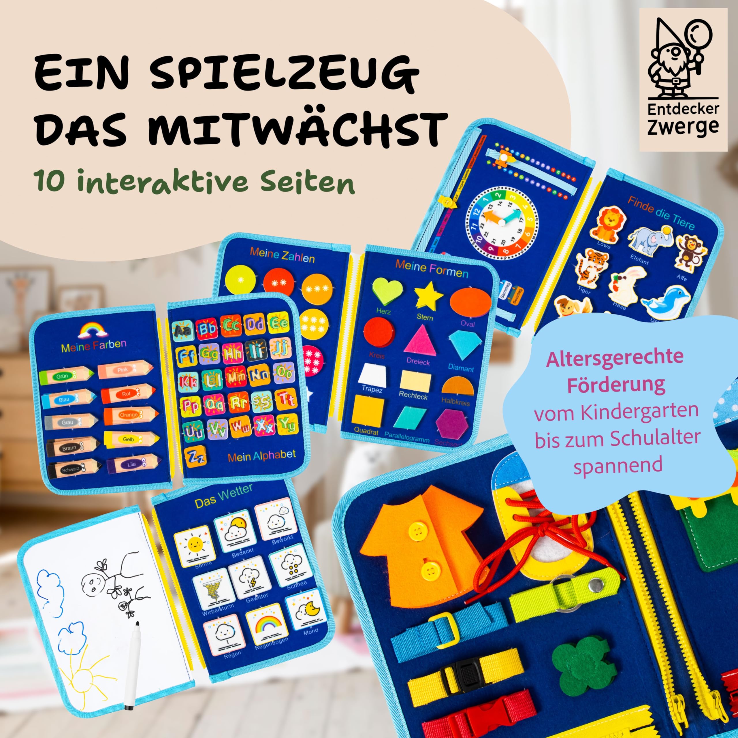 Montessori Busy Board ab 3 Jahre - Lernspielzeug mit deutschen Inhalten - Busy Book mit 25 Aktivitäten - Motorikspielzeug - Activity Board für Kinder - Reisespiel - in Geschenkbox
