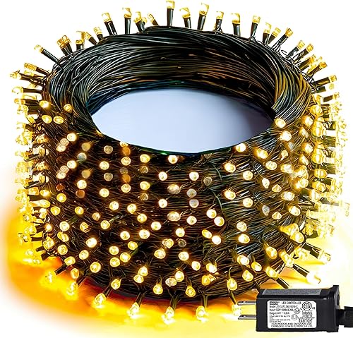 Dazzle Bright Guirnalda de luces de Navidad, 600 luces LED de 196 pies, impermeables, de alambre verde, con 8 modos de iluminación, temporizador,