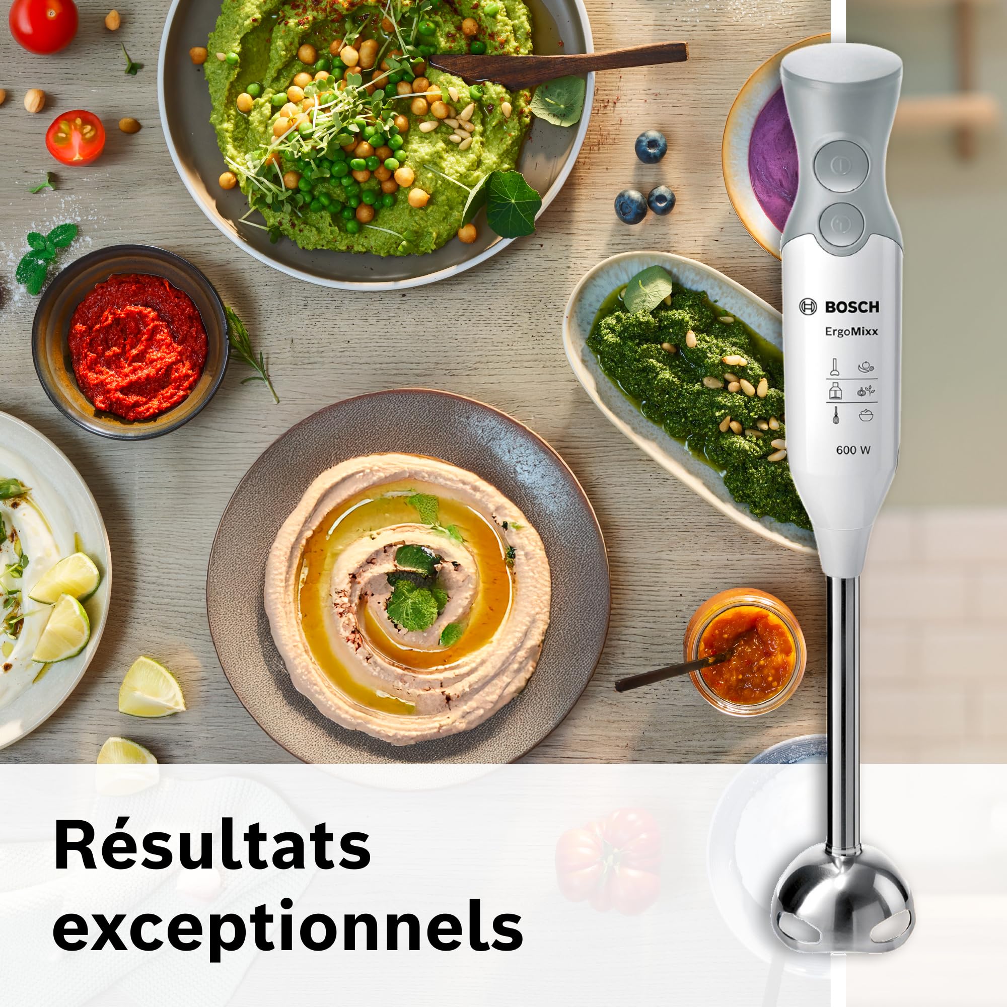 Bosch Mixeur plongeant ErgoMixx, moteur 600 W, 2 vitesses, gobelet doseur, blanc/gris, MSM66110