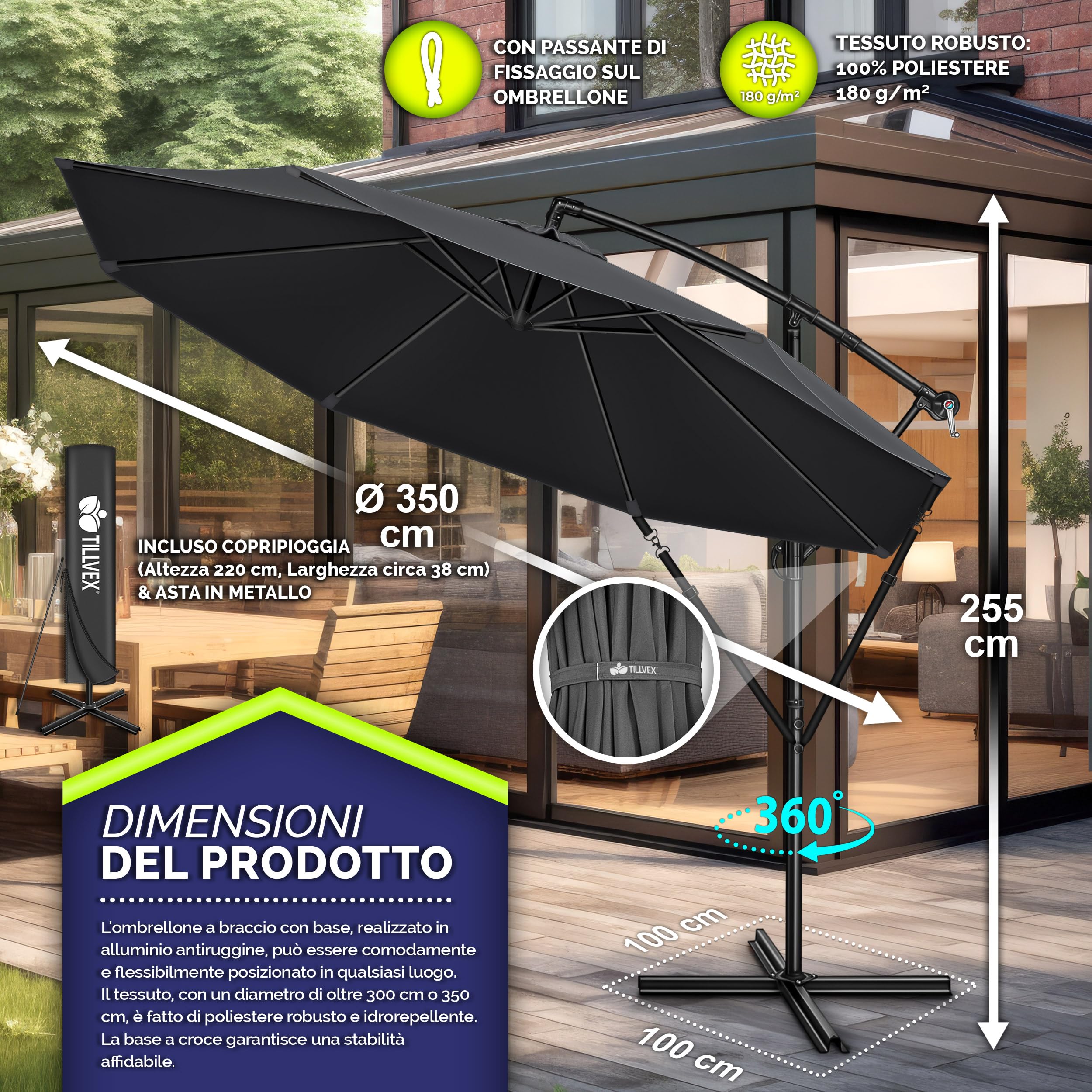 tillvex Ombrellone da Giardinoe Ø 300 cm con manovella | Ombrellone con asta per giardino, terrazza, balcone, | Materiale Alluminio con protezione UV - impermeabile | Ombrellone a manovella con base