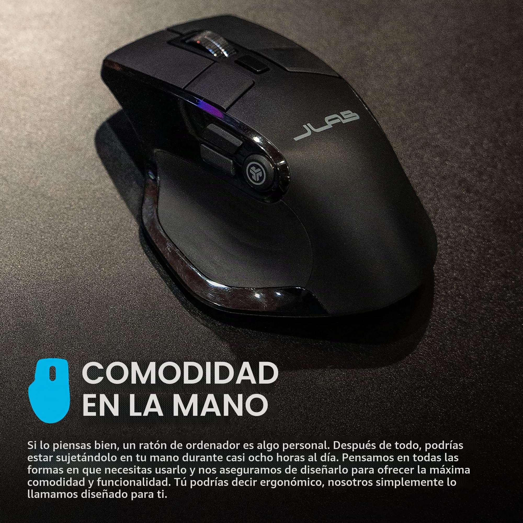 JLab Ratón Inalámbrico Epic - Bluetooth o USB, Ergonómico Recargable | Conexión Bluetooth o Receptor USB, Multidispositivo, Silencioso, Compatible con Ordenador/portátil/Tableta/PC/Windows/Mac