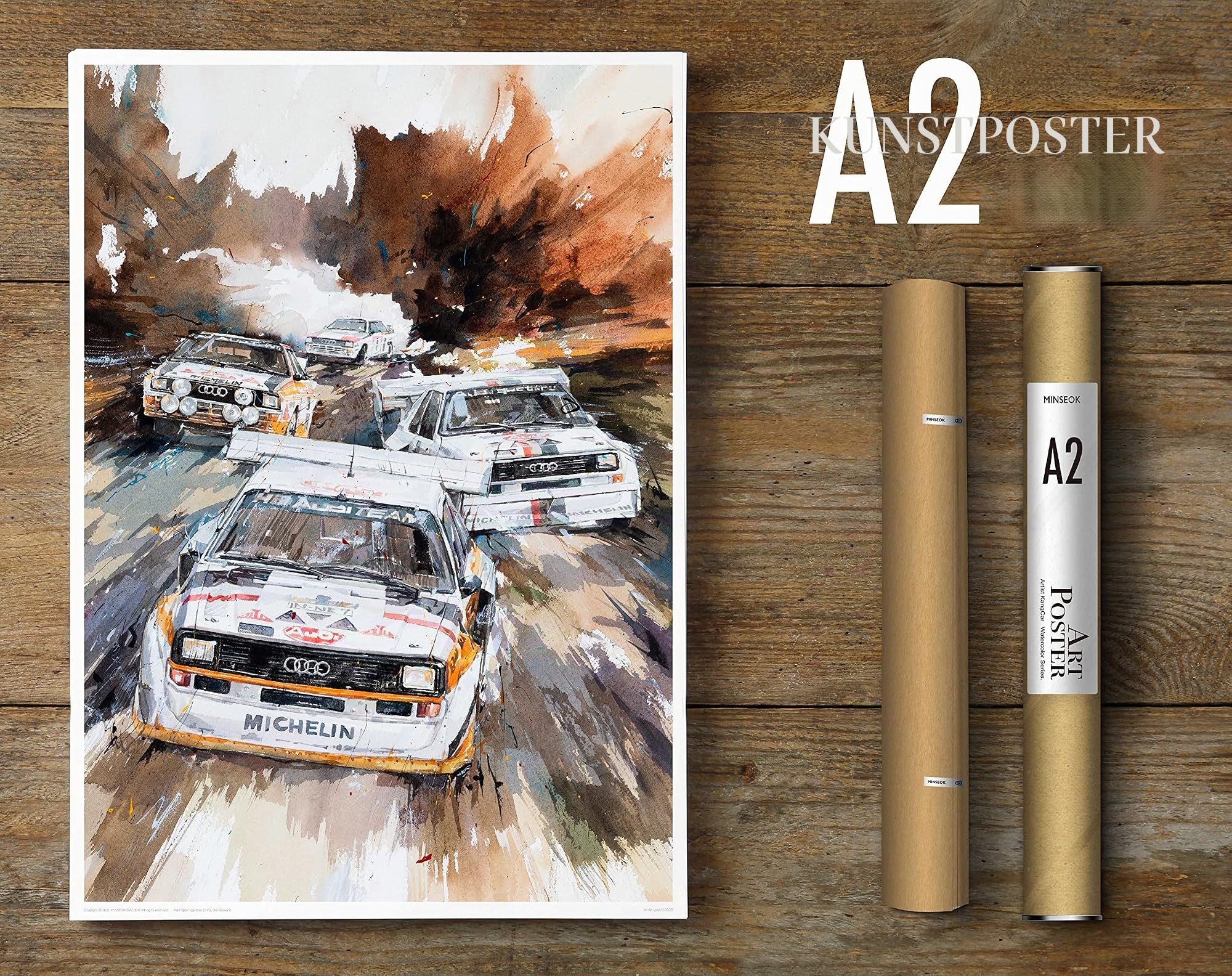 MINSEOK Aquarell-Auto-Poster – Premium A2 Wanddeko, Vintage Drucke, Geschenkidee für Autoliebhaber – Dynamische Rallye-Sportwagen